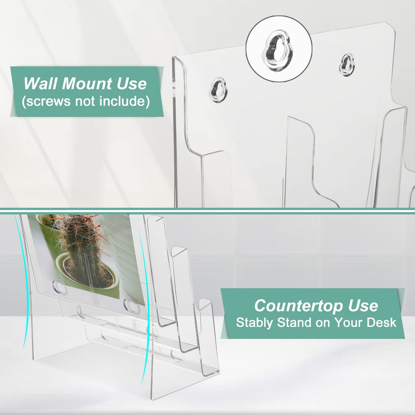 2 Pack Acrylic Brochure Holder 8.5 x 11 inches, 3 Tier Clear Brochure Display Stand with Removable Divider for Trifold 4 Inches Wide Pamphlet, Plastic Flyer Holder for Magazine, Literature, Booklet