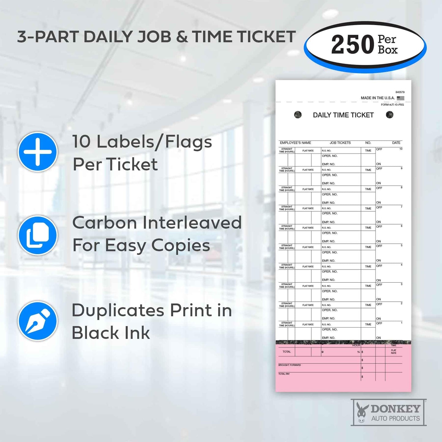 Daily Time and Job Ticket - 10 Labels per Sheet (3-Part) (Form JT-10-PSG) (250 per Box)
