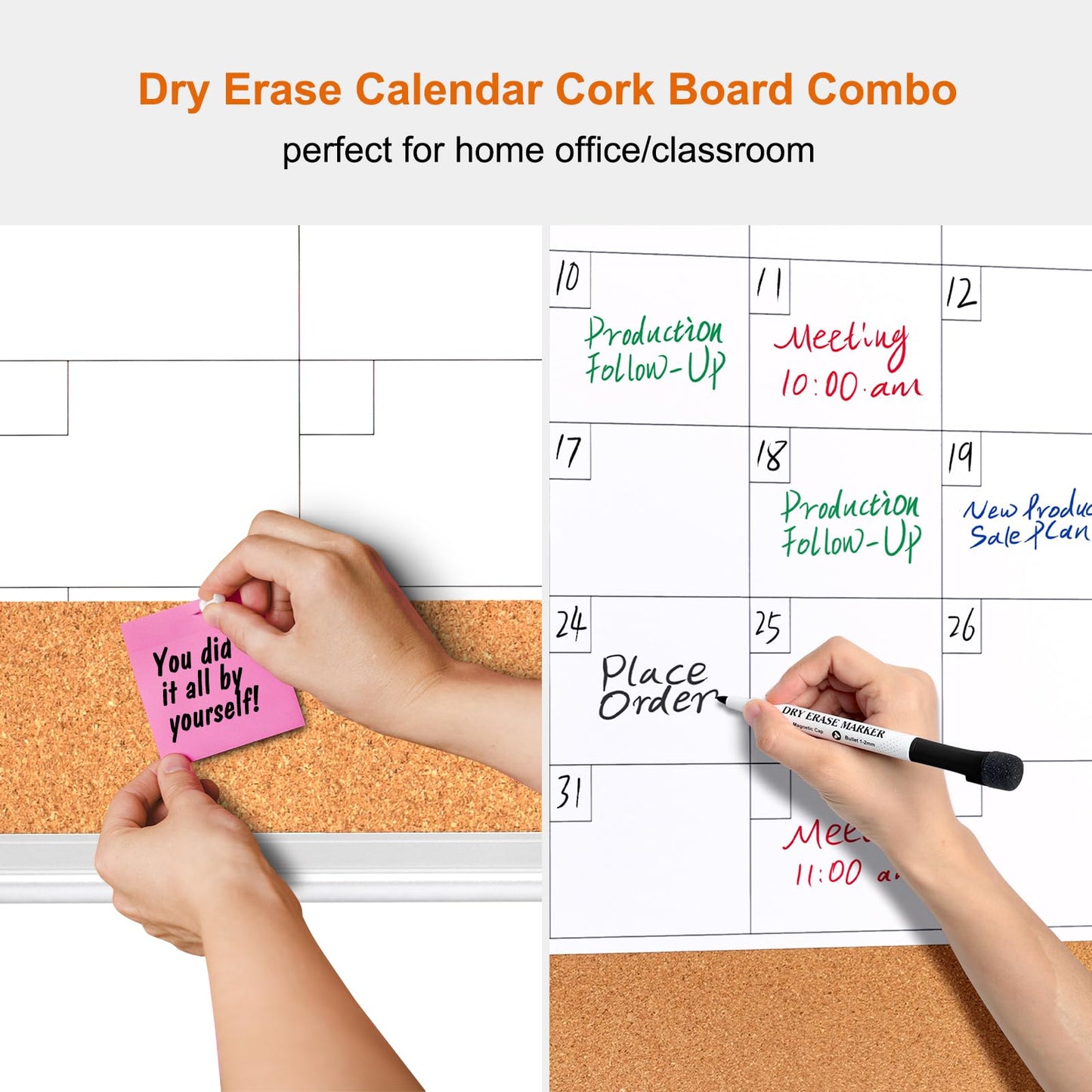 Comix Dry Erase Calendar Whiteboard Corkboard Combo, 24 * 18 inch Monthly Calendar and Bulletin Board Combination for wall, Aluminum Frame Planner with Dry Erase Markers, Magnets, Push Pins