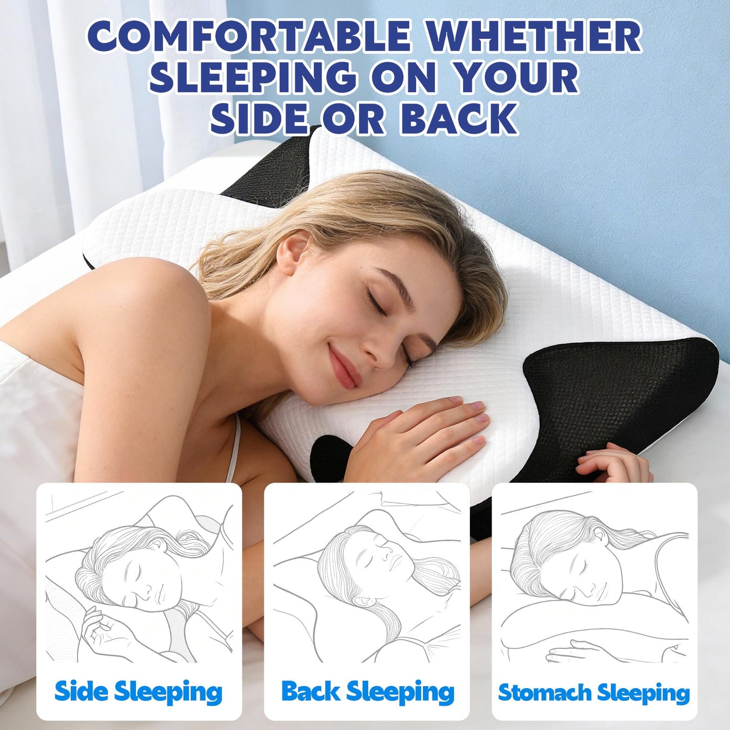Keaolotay Cervical Neck Pillow for Sleeping Ergonomic Sleep Apnea Pillow with Memory Foam Neck Support Pillow for Back Side Stomach Sleepers with Pillowcase (Black)