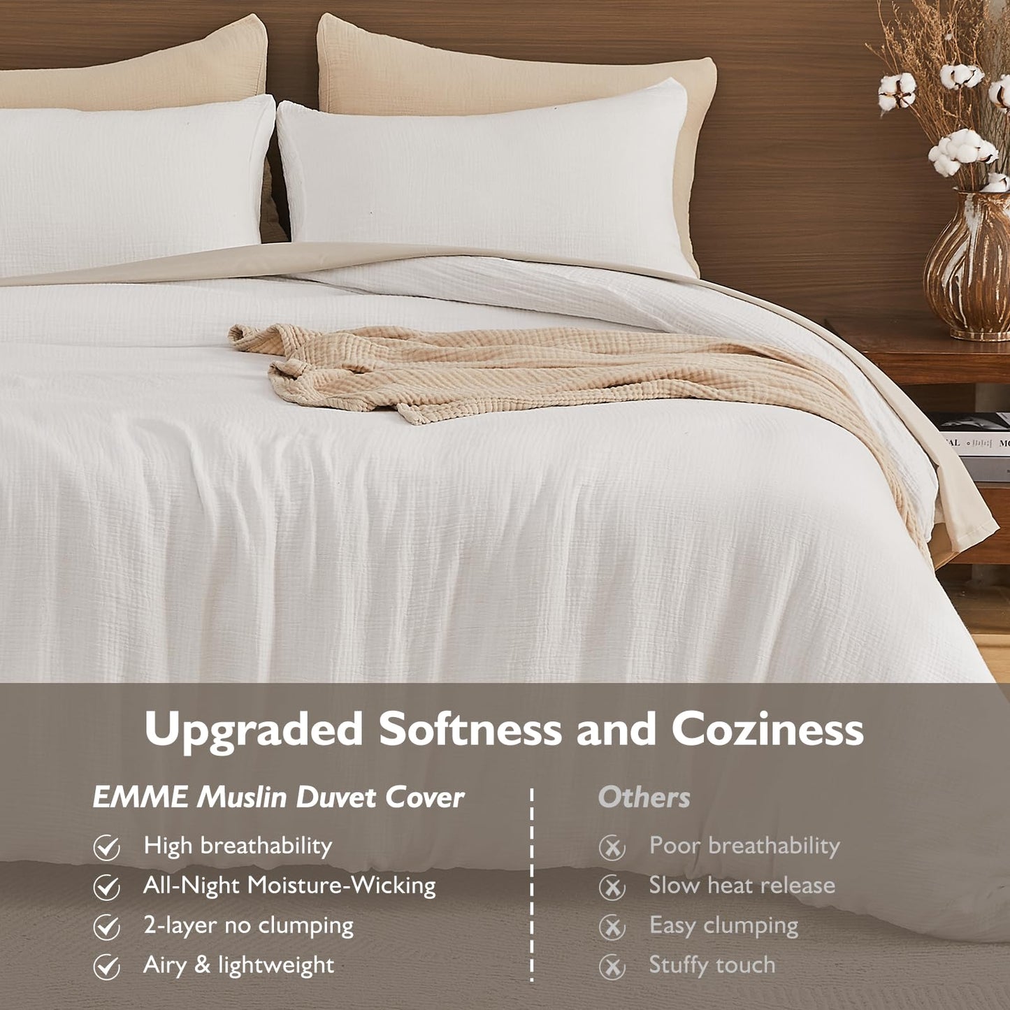 EMME Cream White Muslin Duvet Cover Queen Size, 100% Cotton Soft Gauze Bedding Set with 2 Pillowcases, Breathable Lightweight All Season Comforter Cover with Zipper & Corner Ties, 90"x90"