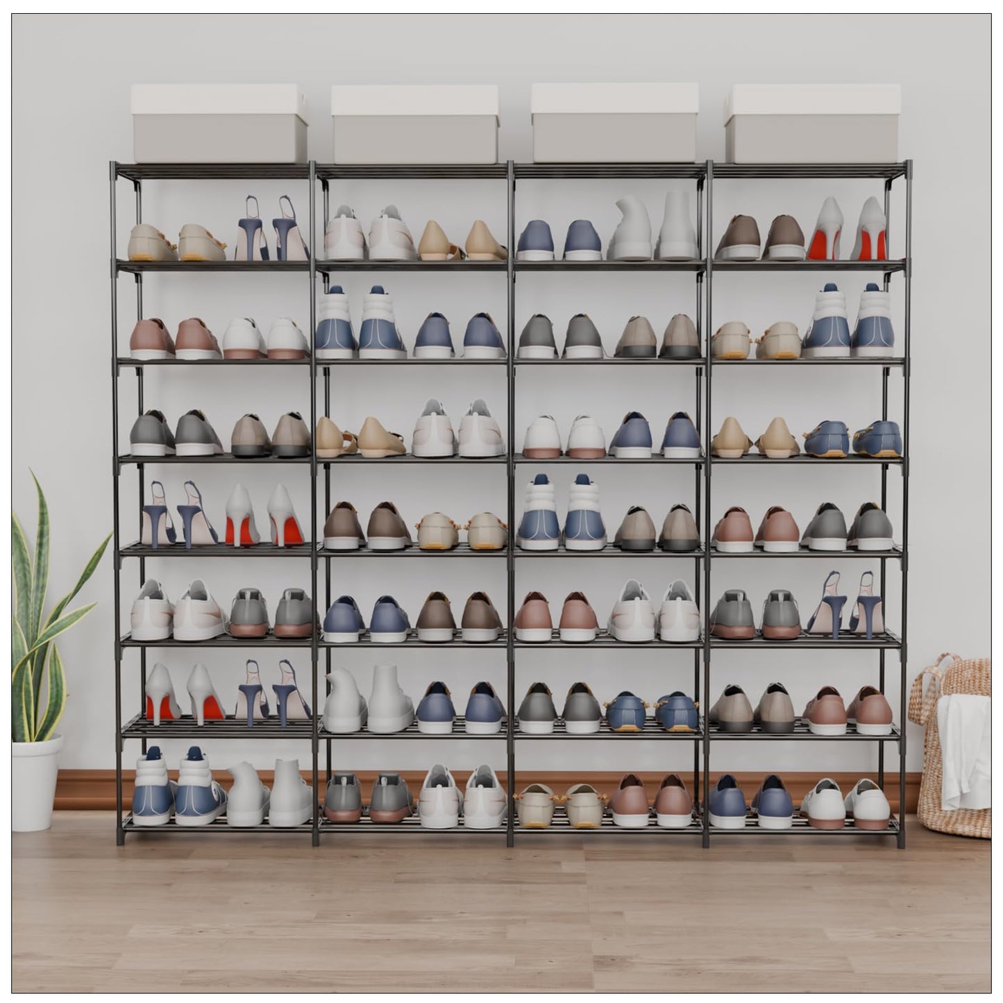 SMILHELTD Large Shoe Rack 4 Row 8 Tier for Entryway Holds 64 Pairs, Metal & Plastic Shelves, DIY Assembly, Space Saving Storage Unit for Garage Closet, 66.1" W x 49.2" H
