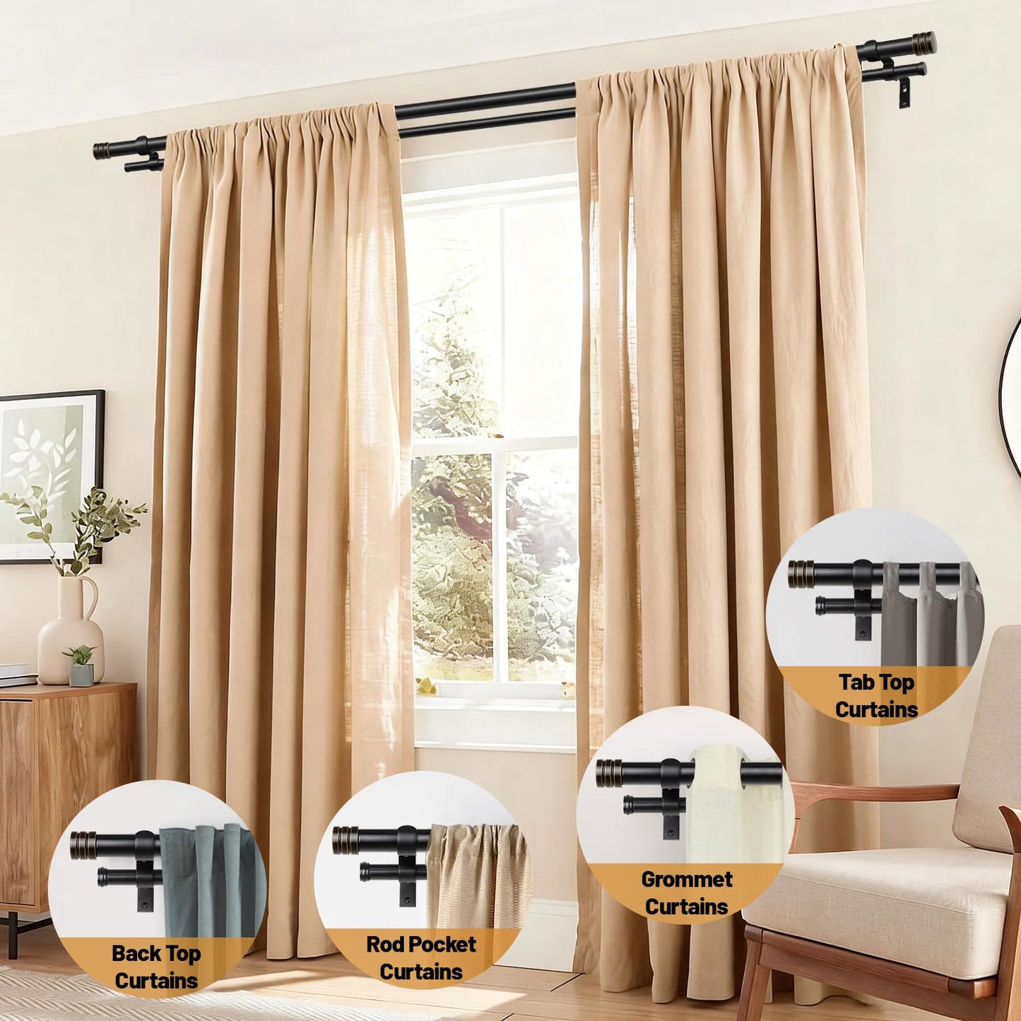 TONIAL1 Inch Double Curtain Rods for Windows 66 to 120 Inches, Heavy Duty Decorative Drapery Rod 32 to 144 Inches with Classic Cap Finial, Black