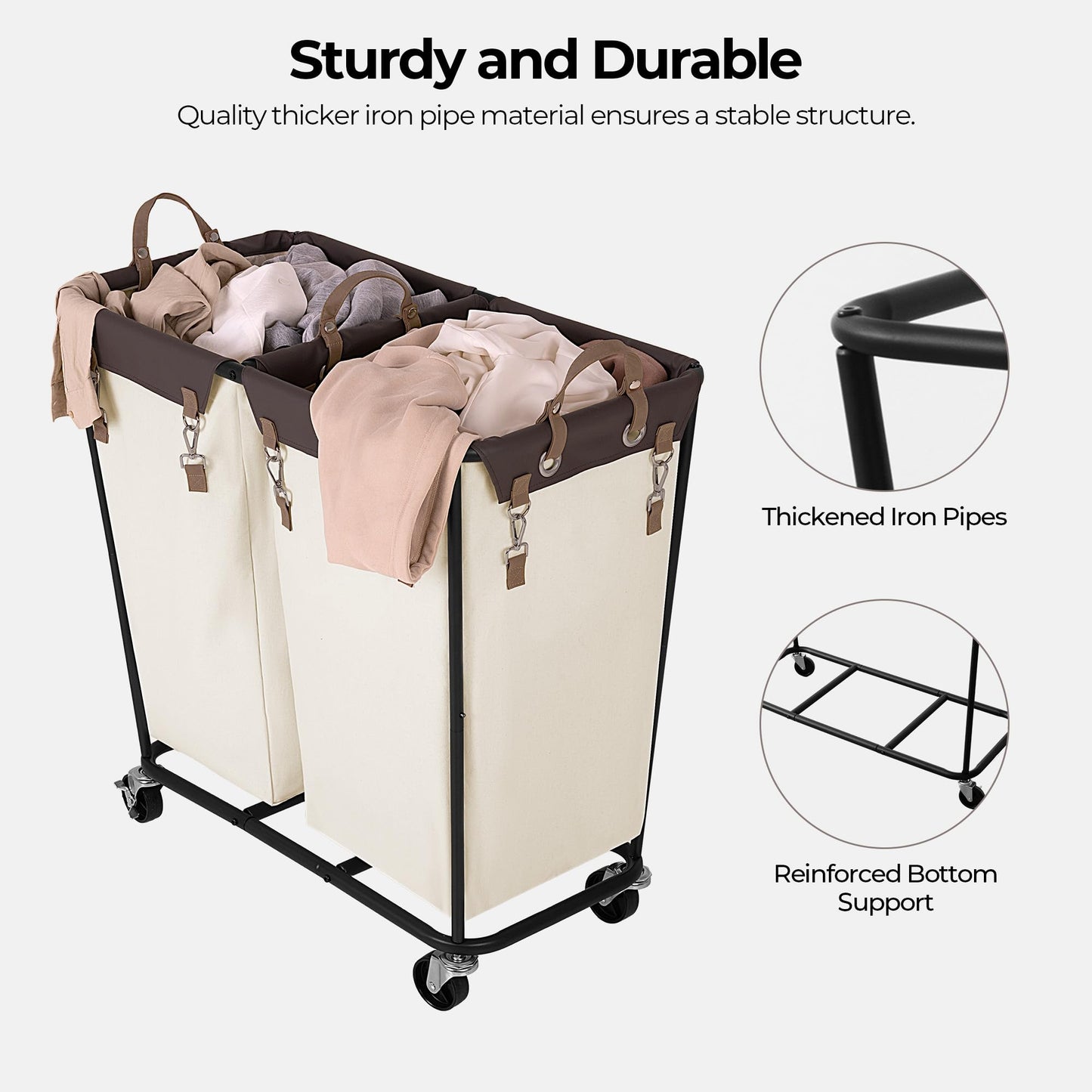 StorageWorks 280L Large Laundry Hamper with Wheels, Laundry Basket with Wheels 2 Sections, Clothes Sorter Cart with Divider for Hotel, Home, Beige, 1-Pack