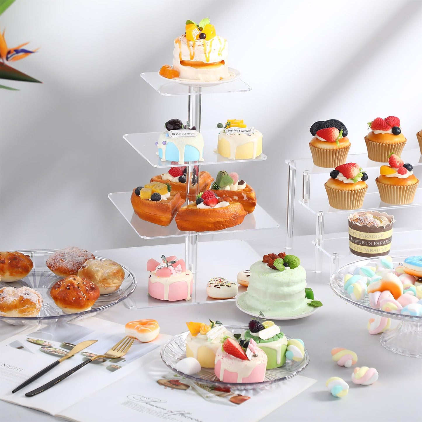RimCereal 6 Pcs Acrylic Dessert Stands Set Include Display Risers Cupcake Tower and Clear Round Dessert Trays Cake Table Holder for Wedding Baby Shower Decoration(Classic Style)