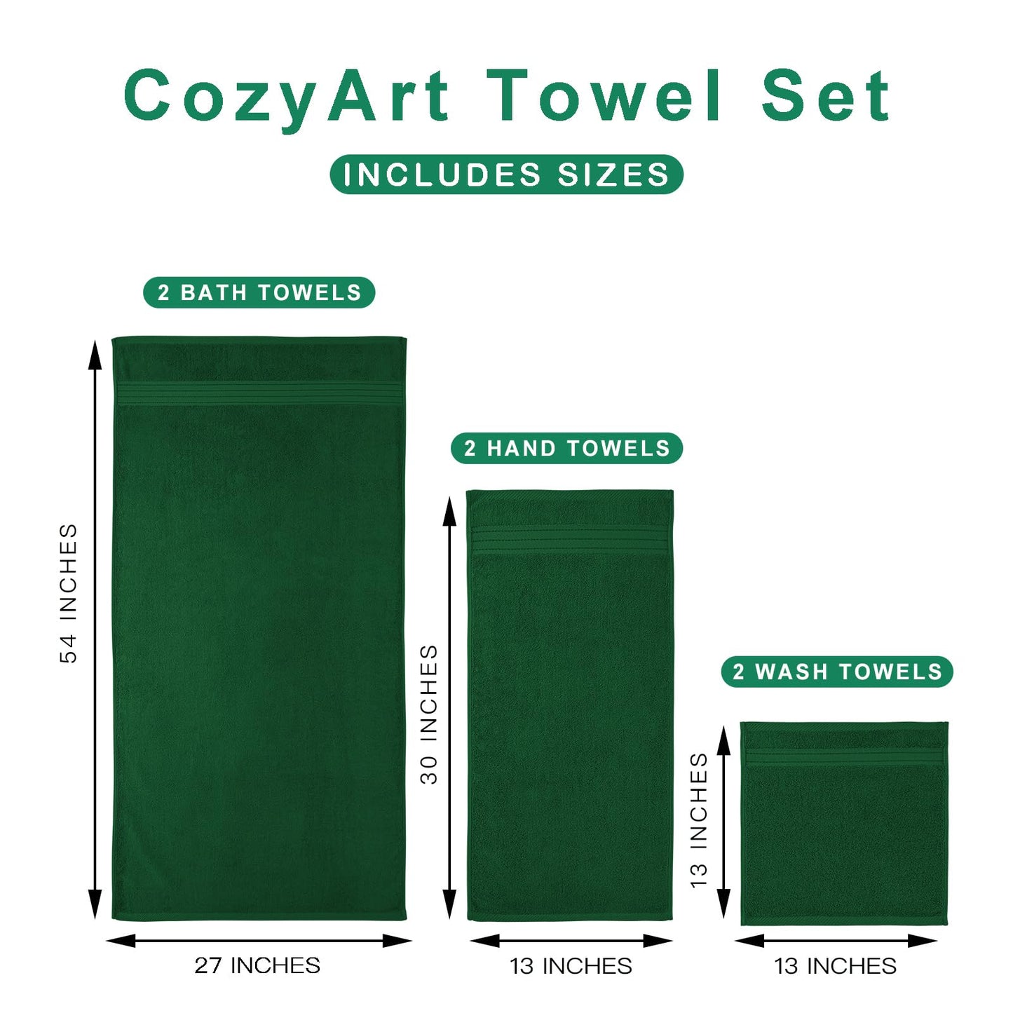 COZYART Formal Green Bath Towel Set 6 Piece, Luxury 100% Turkish Cotton 650GSM Hotel Quality, Soft, Absorbent,Towel Sets for Bathroom | 2 Bath Towels 2 Hand Towels 2 Washcloths