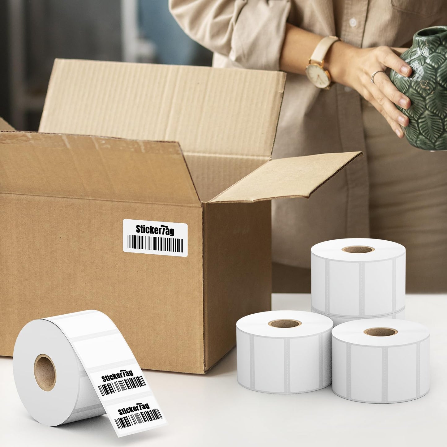 StickerTag 12 Rolls 2" x 1" Direct Thermal Labels, Shipping Labels Compatible with Zebra & Rollo Label Printers for Mailing Postage Address Barcode (1300 Labels/Roll)