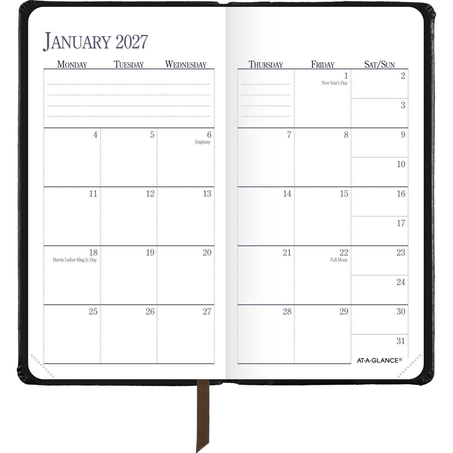 AT-A-GLANCE 2027 Planner, Weekly & Monthly, 3" x 6", Pocket Size Fine Diary, Faux Leather Hardcover, Black Brown (74020527)