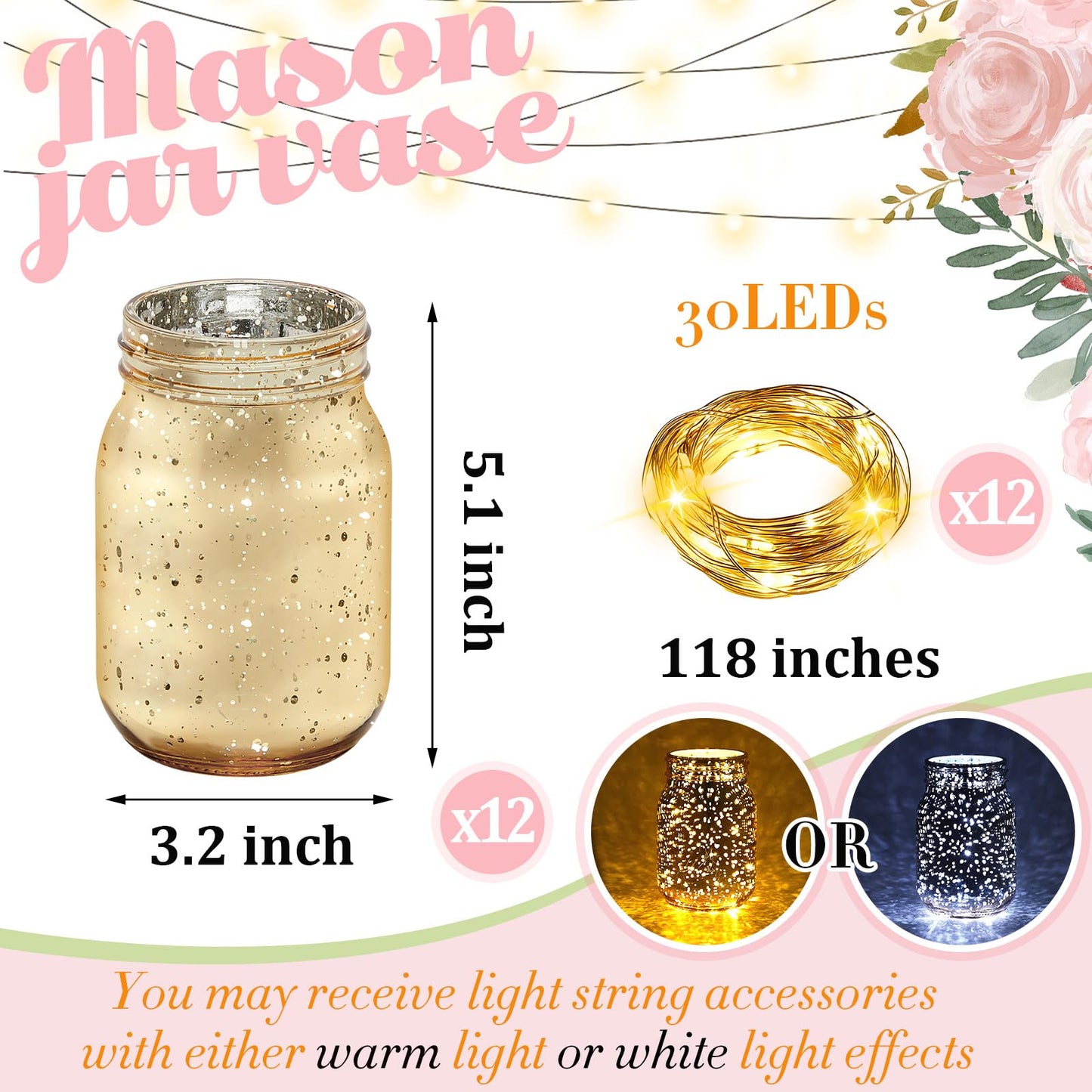Tioncy 12 Pcs Painted Mason Jars for Table Glass Decorative Jars with 12 Light Strings for DIY, Wedding, Graduation, Bridal Shower, Housewarming, Home Decoration (Gold)