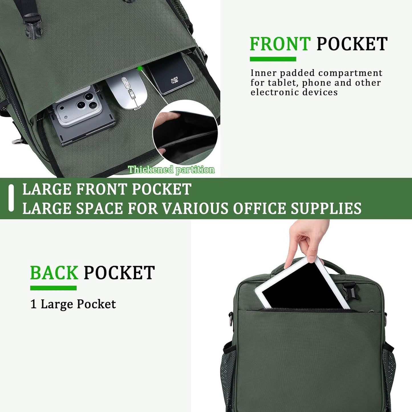 3 Ring Zipper Binder Bag for 700+ Sheets Capacity Detachable Backpack Straps & Shoulder 14 Inch Laptop for and Office (Green)