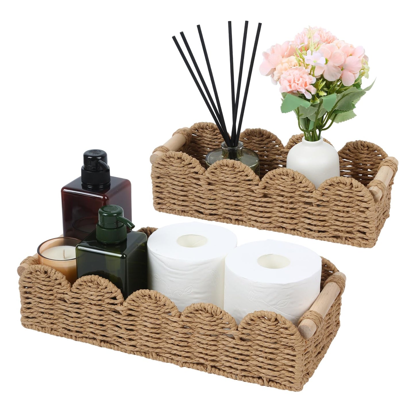 Paper Rope Storage Basket Set of 2 with Wooden Handles - Scalloped Toilet Paper Organizer, Cute & Functional Home Decor for Bathroom or Living Room (Beige)
