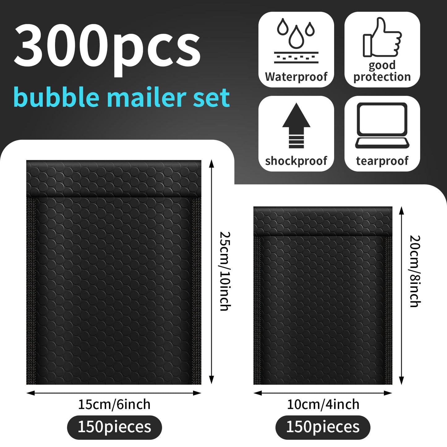 Tenceur 300 Pcs Black Bubble Mailers Padded Envelopes Small 4 x 8 Inches and 6 x 10 Inches Bubble Envelopes Strong Adhesion Packaging Bags Waterproof Shipping Bag Mailing Supplies for Small Business
