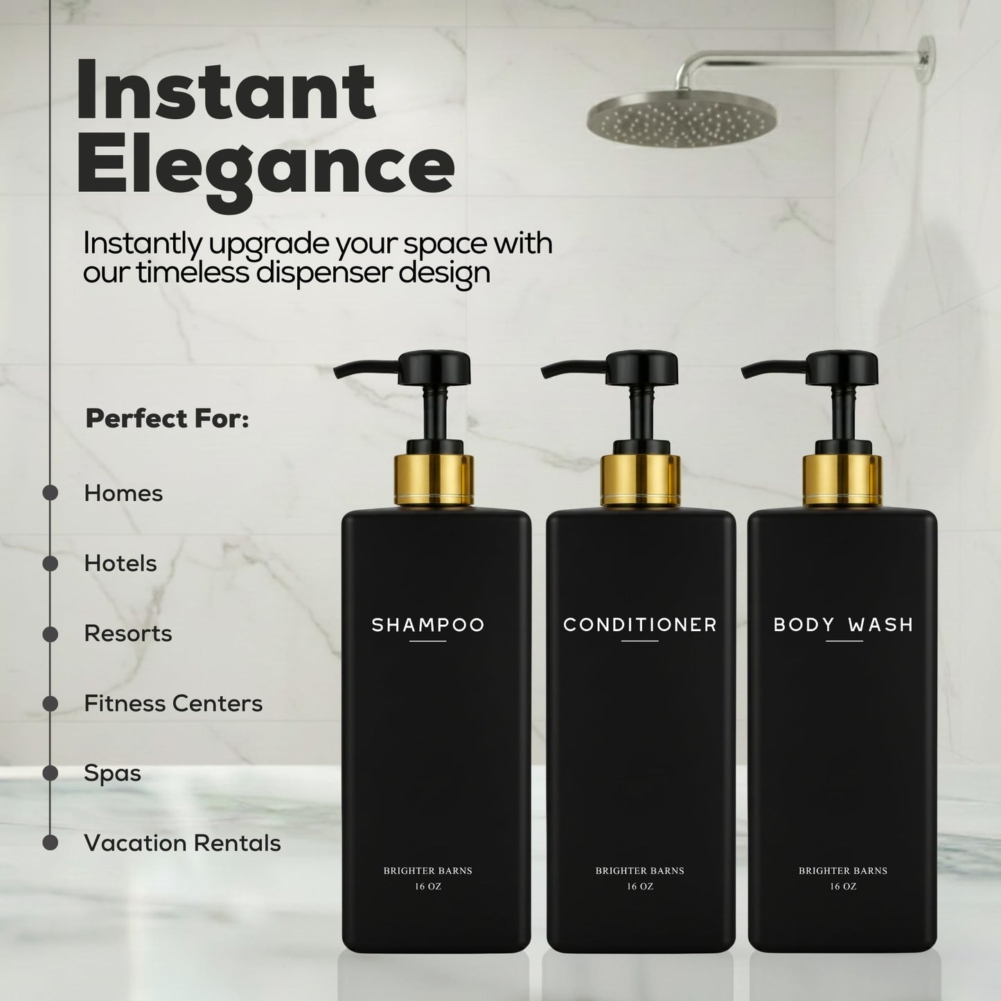 Black Shampoo and Conditioner Dispenser Set by Brighter Barns - Body Wash and Shower Soap Dispenser - Refillable Shampoo and Conditioner Bottles for Gold Bathroom Decor, Guest Bathroom, Airbnb (Black)