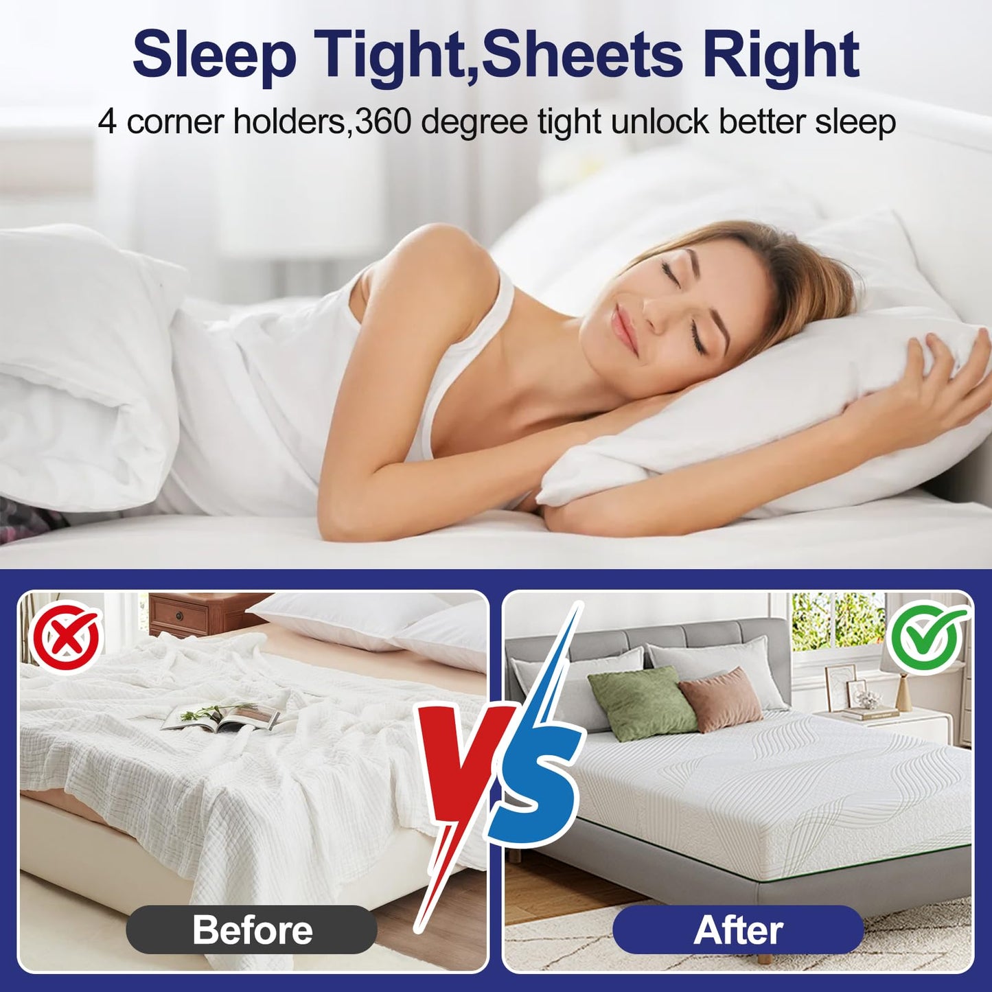 Bed Sheet Holders for Corners, New Upgrade Fitted Sheet Holder Grippers Dual-Side Lock Design, 4Pcs Sheet Straps Heavy Duty Sheet Clips Fitted All Mattress Sizes, Lock Sheet Holders Keep Firm (White)