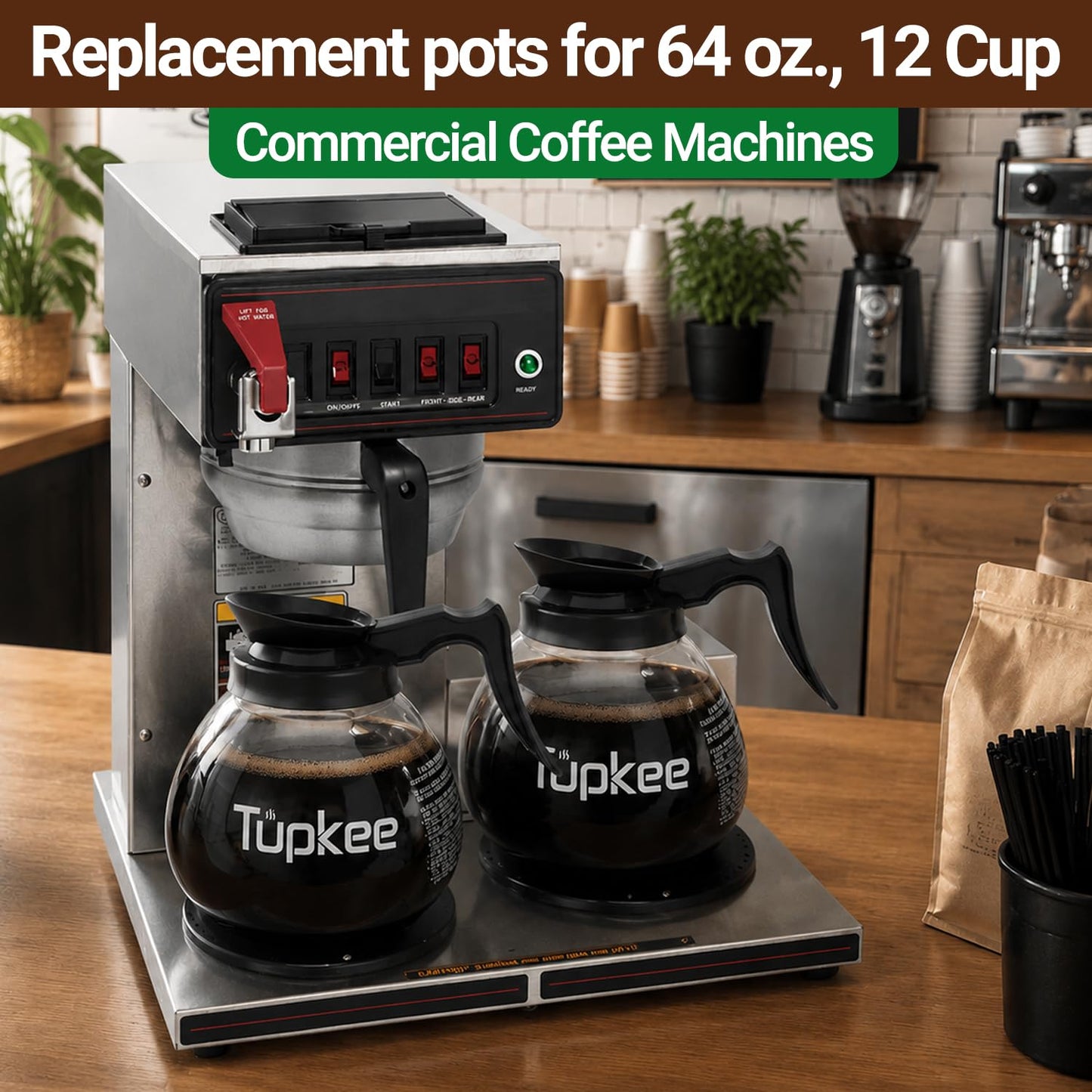 Tupkee Commercial Coffee Pot Replacement - SHATTER-RESISTANT Restaurant Glass Decanter Carafe - 64 oz 12 Cup, Black Handle/Regular, Compatible with Wilbur Curtis, Bloomfield, Bunn Coffee Pot