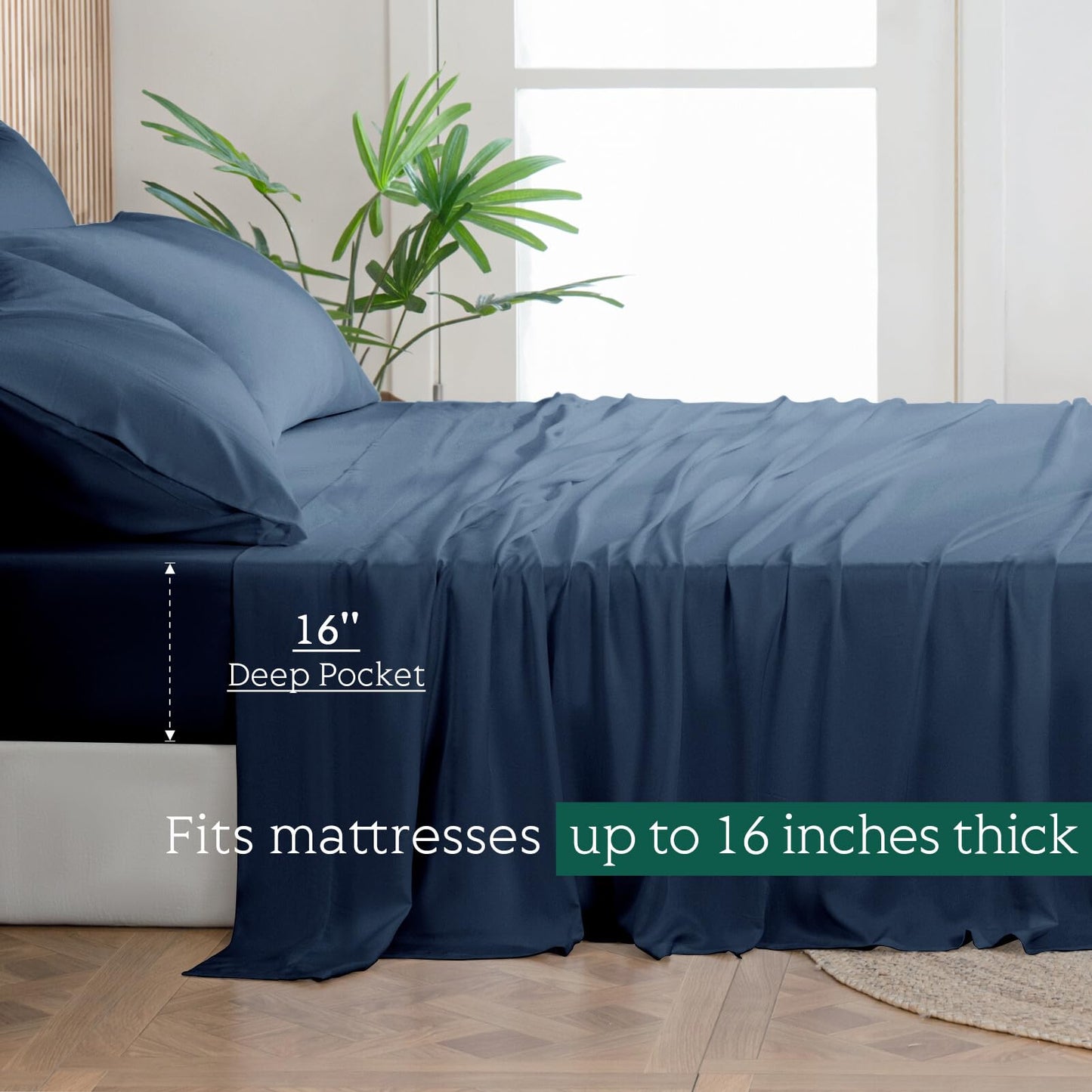 Cooling Sheets Set Queen Size, Viscose Derived from Bamboo for Hot Sleepers | Deep Pocket Up to 16 Inch | Silky Soft & Breathable Bedding - 4PC (Queen, Navy)