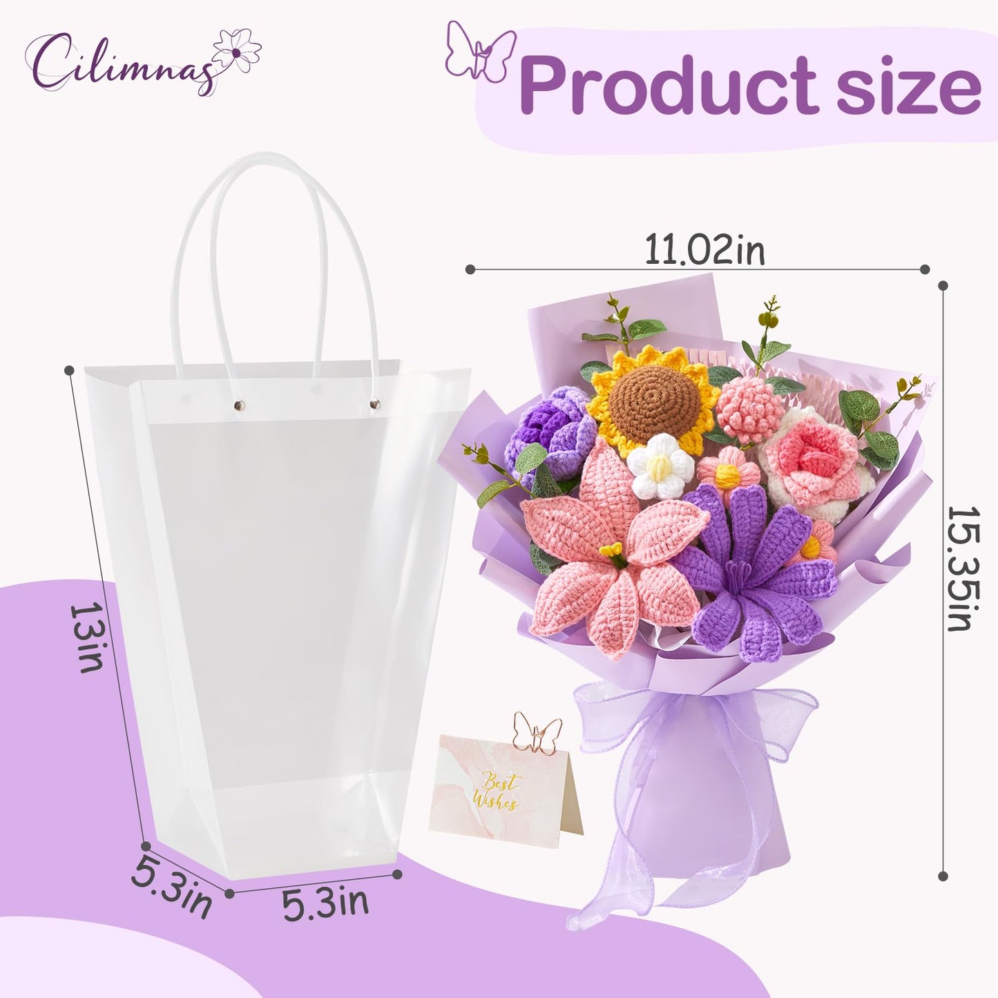 Cilimnas Crochet Flower Bouquet,Pink&Purple Knitted Flowers, Handmade Lily Sunflowers Roses Bouquet for Birthday Anniversary Party Mother's Day Graduation Gifts