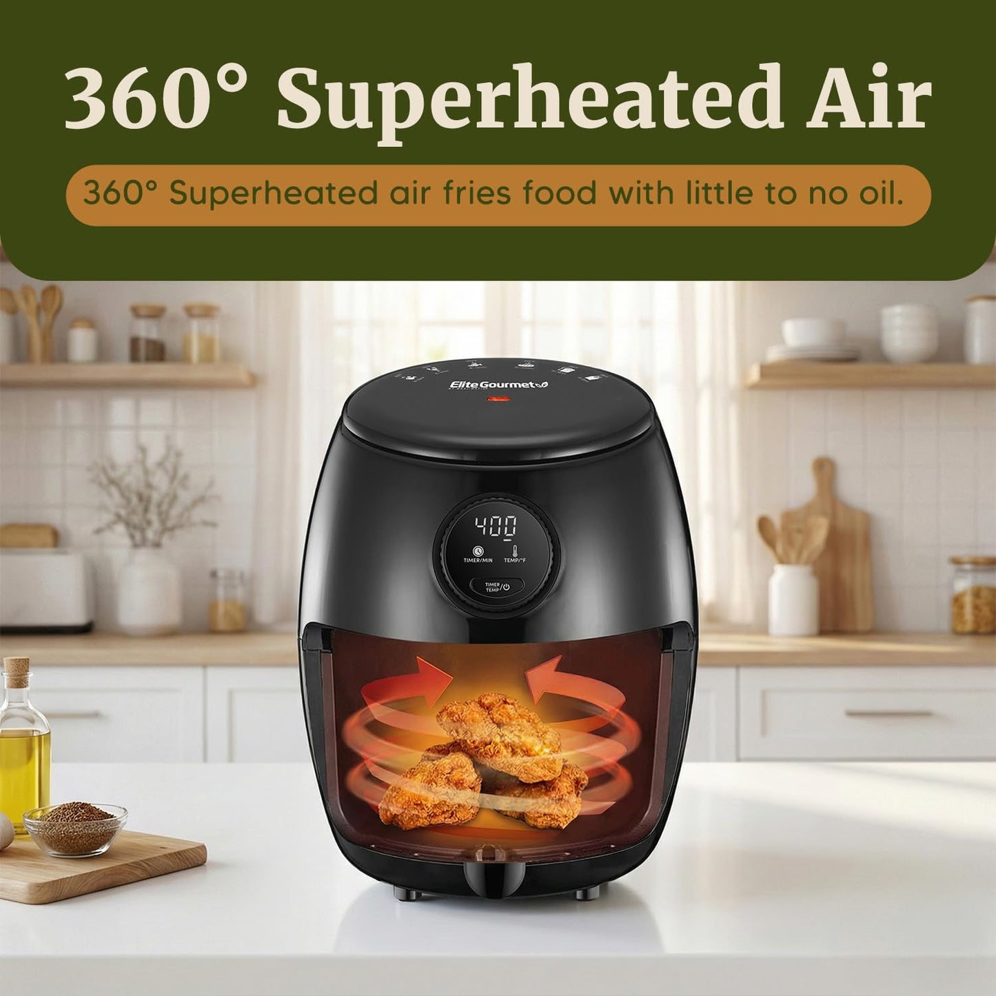Elite Gourmet EAF2612D Personal 2.1Qt Compact Space Saving Programmable Hot Air Fryer, Oil-Less Healthy Cooker, Timer & Temperature Controls, 1000W, Black