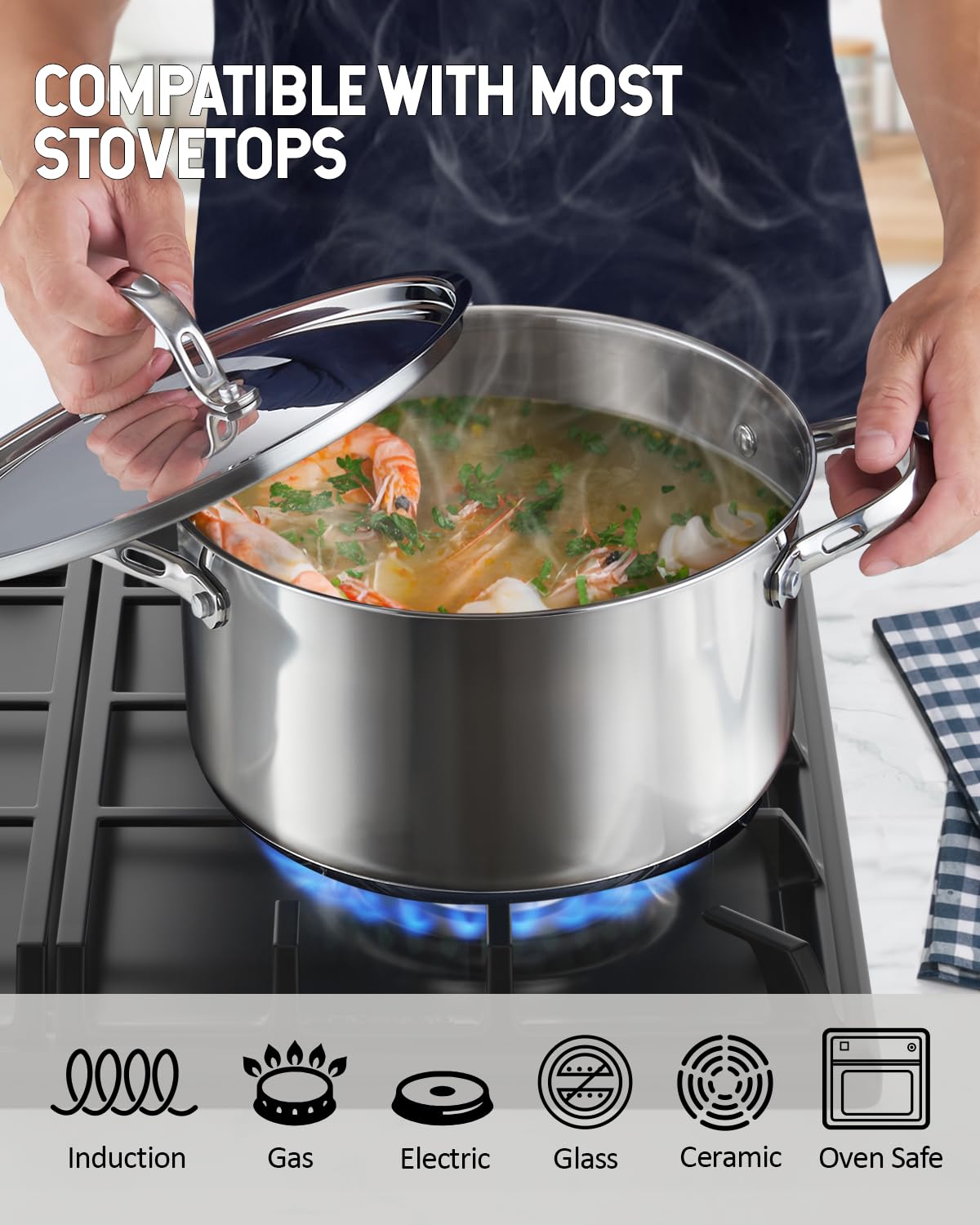 Cooks Standard Classic Stainless Steel Stock Pot with Lid, Large Cooking Pot for Pasta, Soup, Spaghetti, Oven Safe, Dishwasher Safe, Induction Compatible Cookware, 6-Quart