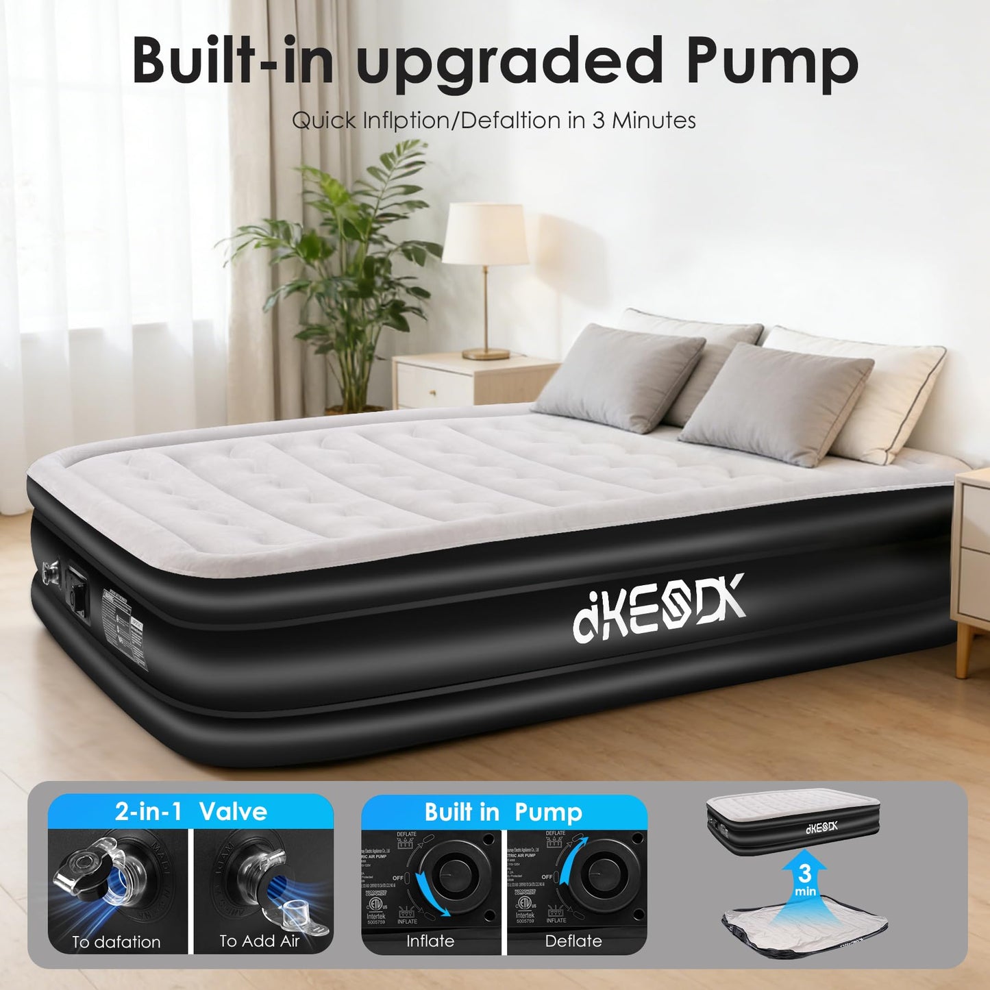 dkesdk Air Mattress Queen with Built in Pump,Comfortable Waterproof Flocked Surface Inflatable Mattress for Temporary Family Stays and Travel,16-Inch Blow Up Mattress Inflates in 3 Minutes