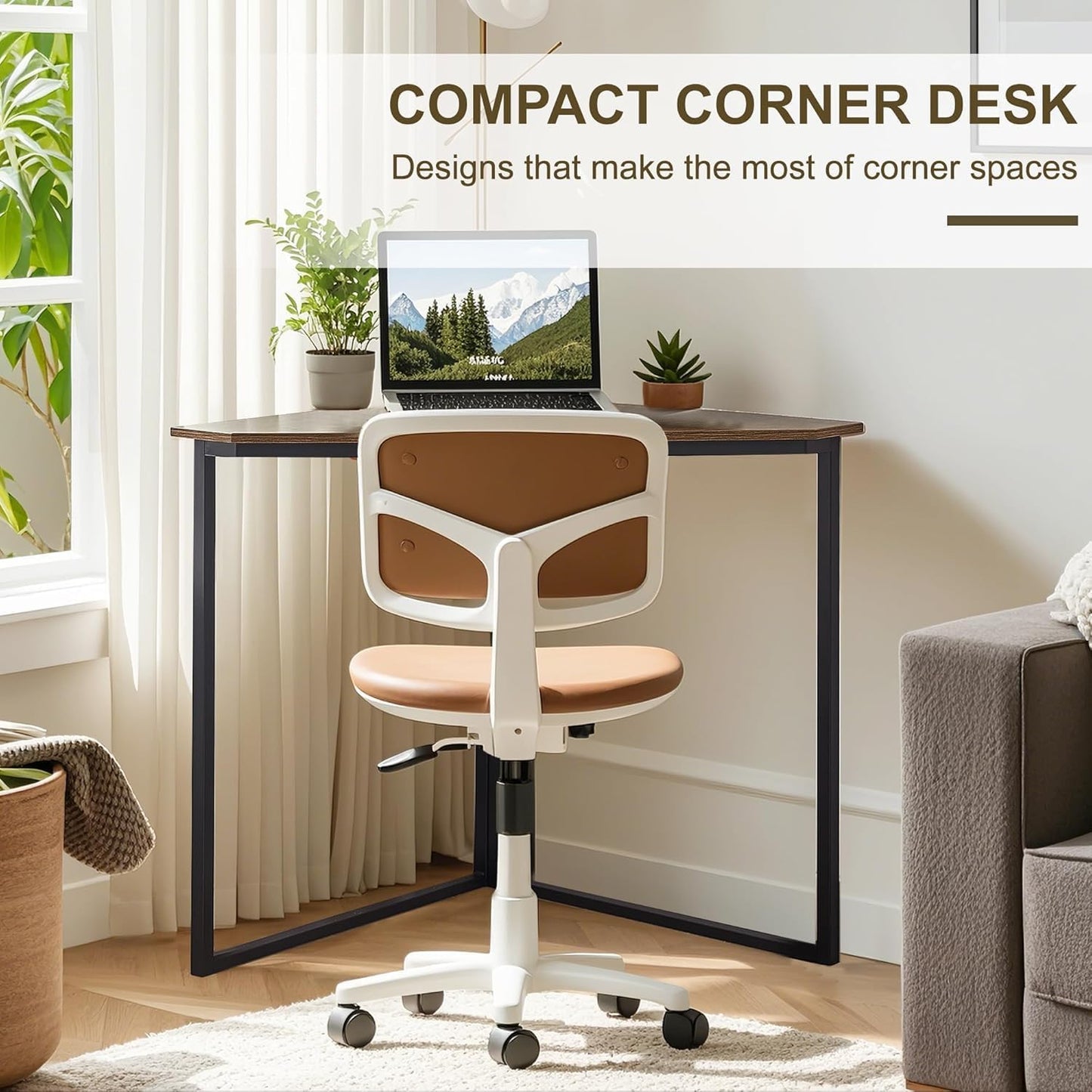 VECELO Ϲоrnеr Desk, Corner Tables for Living Room for Small Space Triangle Computer Desk with Steel Frame Ϲоrnеr Shelves with Metal Frame Ϲоrnеr Writing Desk for Workstation Retro Brown 33.1"