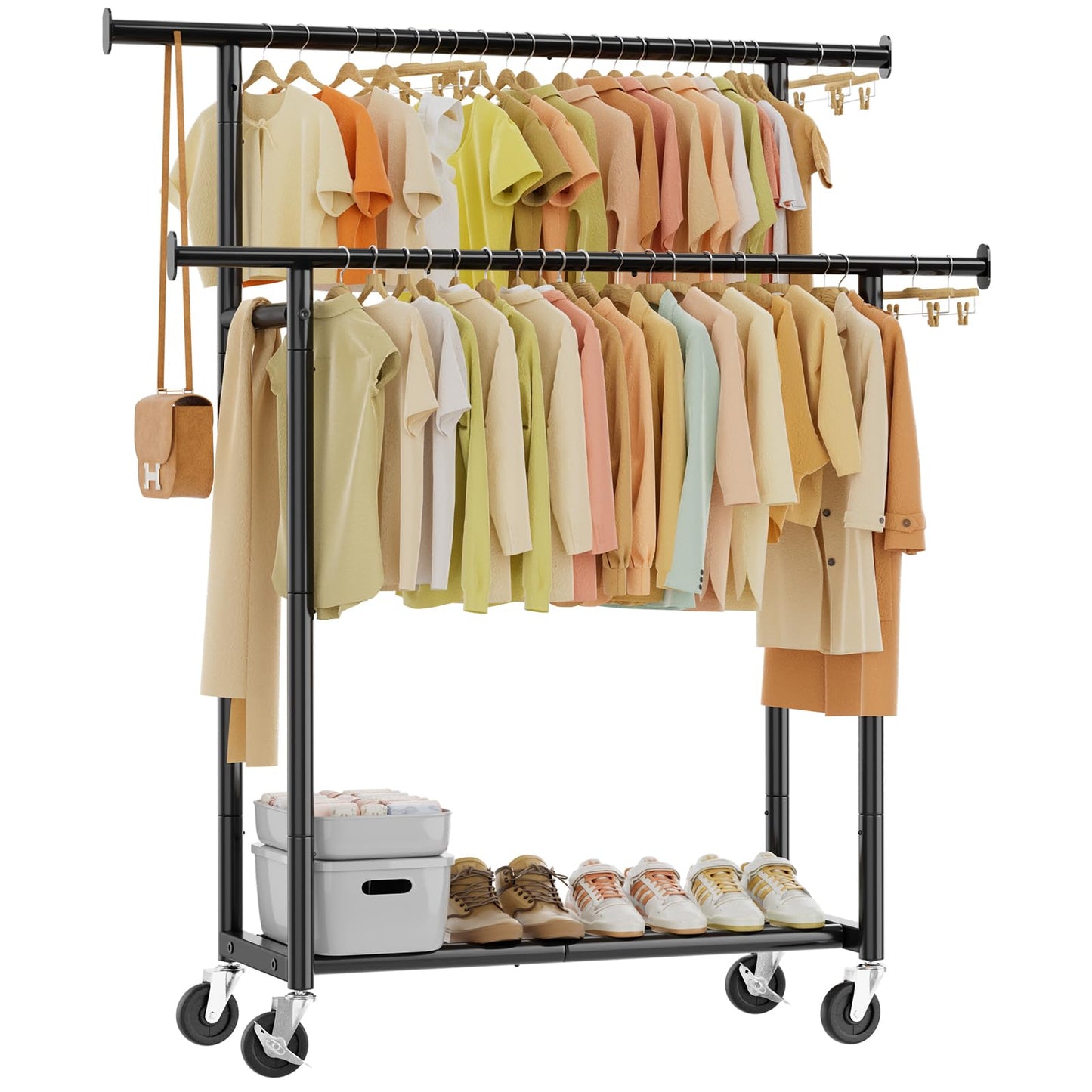 Simple Trending Clothes Rack, Double Rods Clothing Rack for Hanging Clothes, Metal Garment Rack with Rolling Wheels, Portable Wardrobe Closet Rack for Coat, Bedroom, Laundry, Black