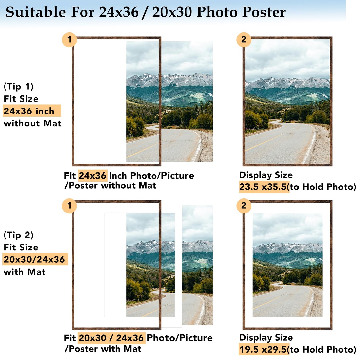 QOTIB Wood 24x36 Picture Frame with 20x30 Mat, Display 20x30 with Mat or 24x36 Without Mat, Wood 24 by 36 Photo Frame, 24 x 36 Frame for Wall Hanging Display, Deep Brown