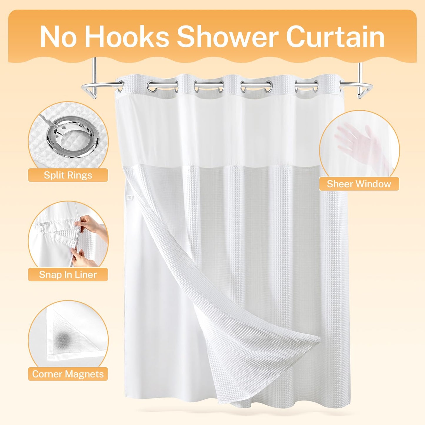 River Dream White Fabric Shower Curtain Set, Cotton Blend, Waffle Weave, with Snap in Replacement Liner，71 x 74 inches