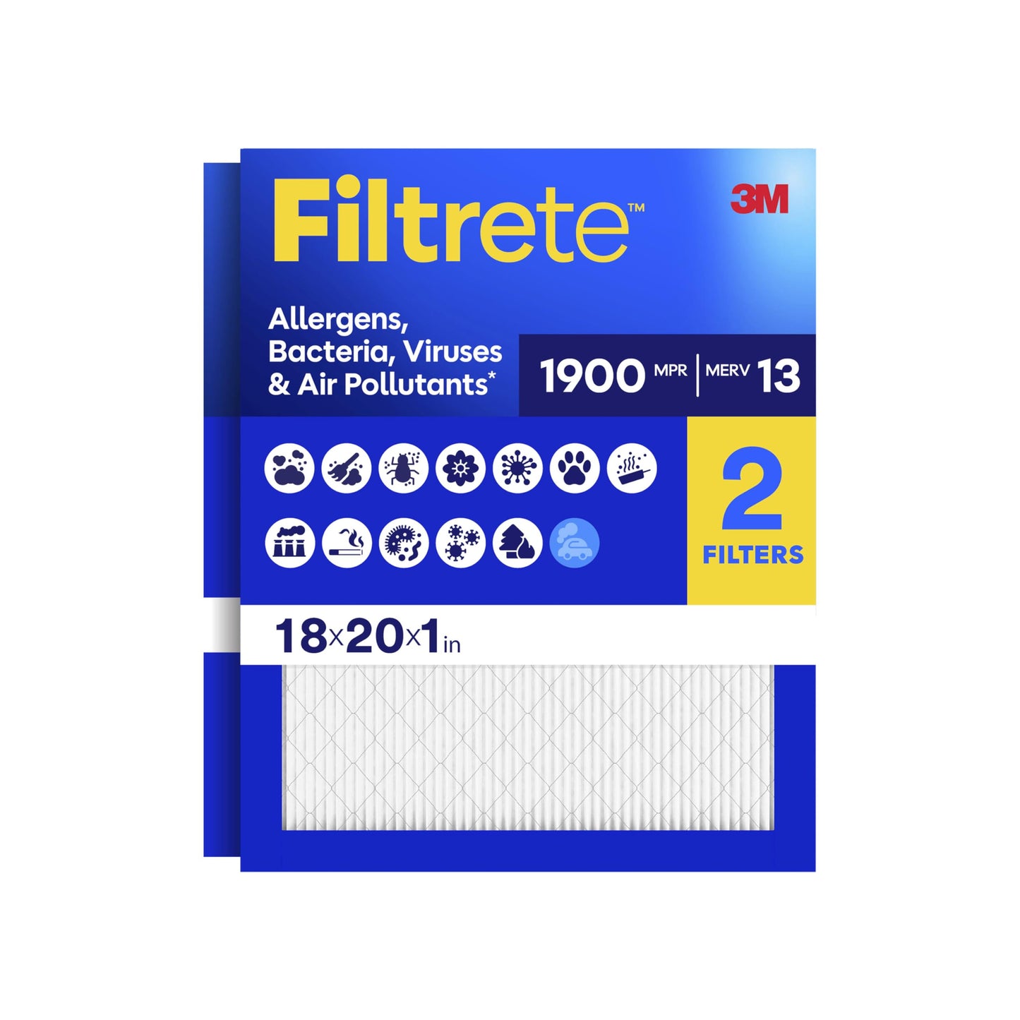 Filtrete 18x20x1 Air Filter, MERV 13 MPR 1900, Allergens, Bacteria, Viruses & Air Pollutants, 3-Month AC/Furnace Filters, Cleaner Air Reliable Airflow, 2 HVAC Filters(Act Size 17.81x19.81x0.78 in)