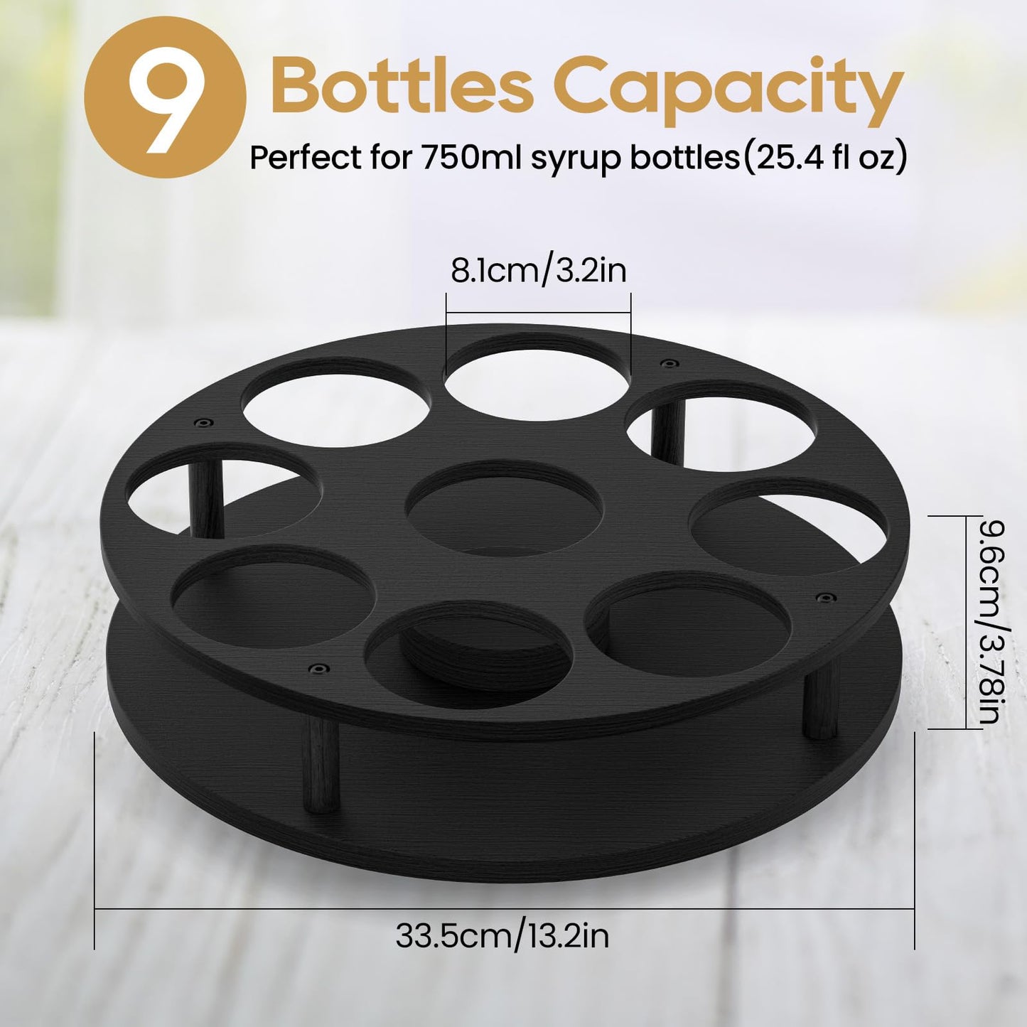THYGIFTREE Rotating Coffee Syrup Organizer for Countertop, 9-Bottle Wooden Syrup Rack & Bottle Holder for Coffee Bar Station, Turntable Display Stand, Black