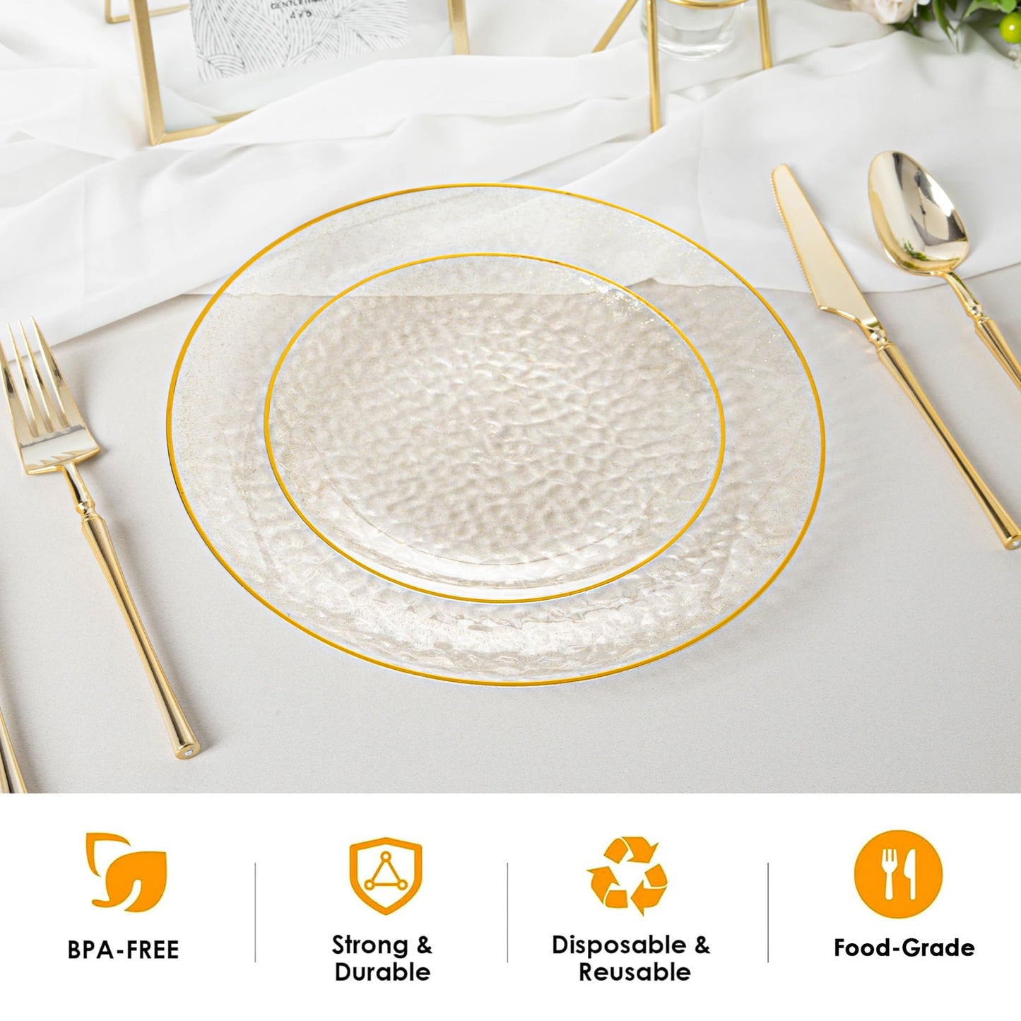 Lullaby 100PCS Clear Plastic Plates with Gold Rim, Includes 50pcs Dinner Plate 10” and 50pcs Dessert Plate 7”, Disposable Heavyduty Plates for Birthdays, Parties and Wedding