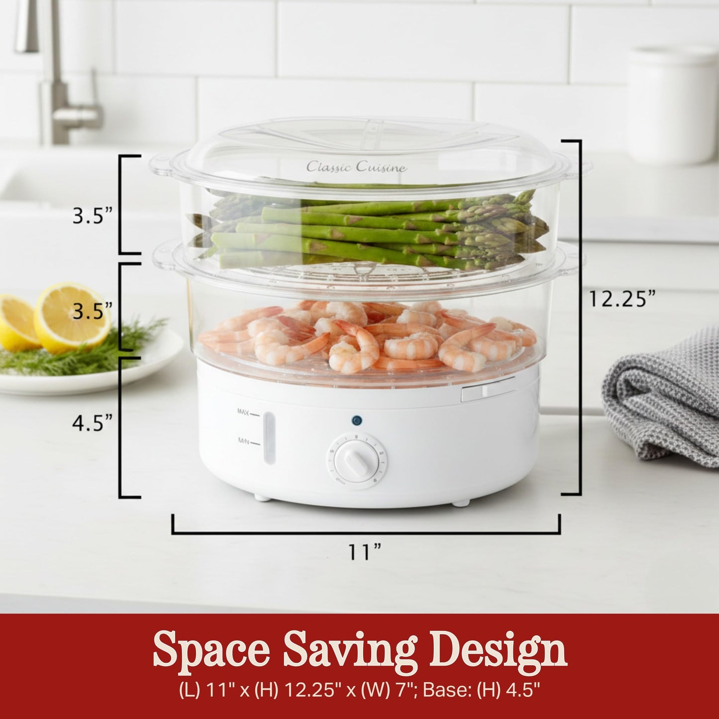 Vegetable Steamer Rice Cooker- 6.3 Quart Electric Steam Appliance with Timer for Healthy Fish, Eggs, Vegetables, Rice, Baby Food by Classic Cuisine, 11"D x 11"W x 12.25"H