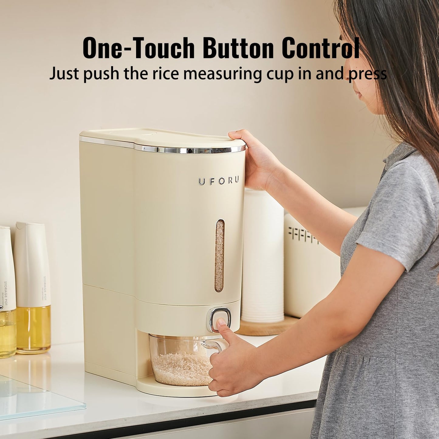 UFORU Rice Dispenser, 22 Lbs Rice Storage Container with Measuring Cup for Kitchen Pantry Household, Cereal Dry Food Storage Containers Airtight, Sealed Moisture Proof, Cream White