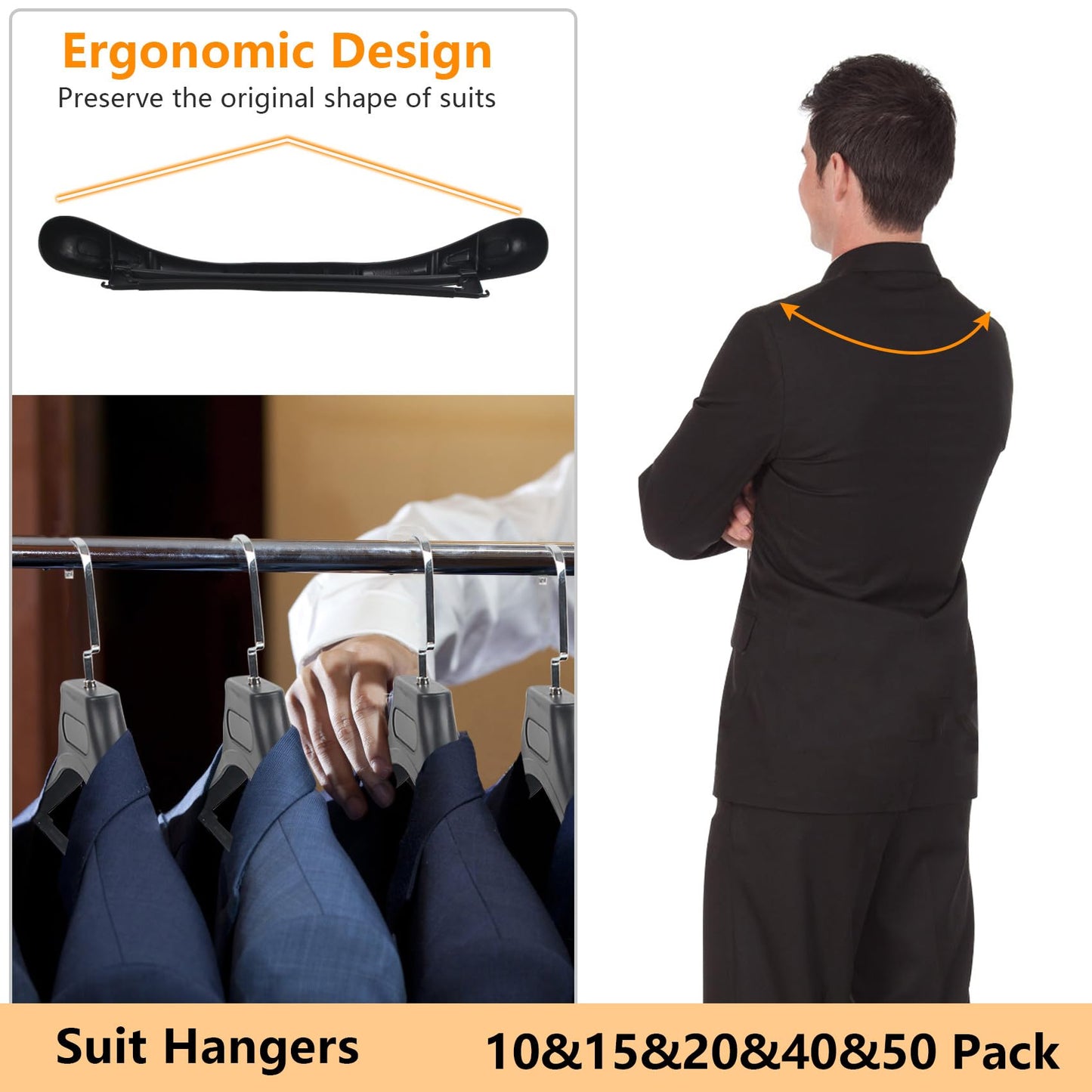Plastic Extra Wide Suit Hangers, Pack of 15, Width: 17.7",Notched Shoulders & Metal Hooks, Black