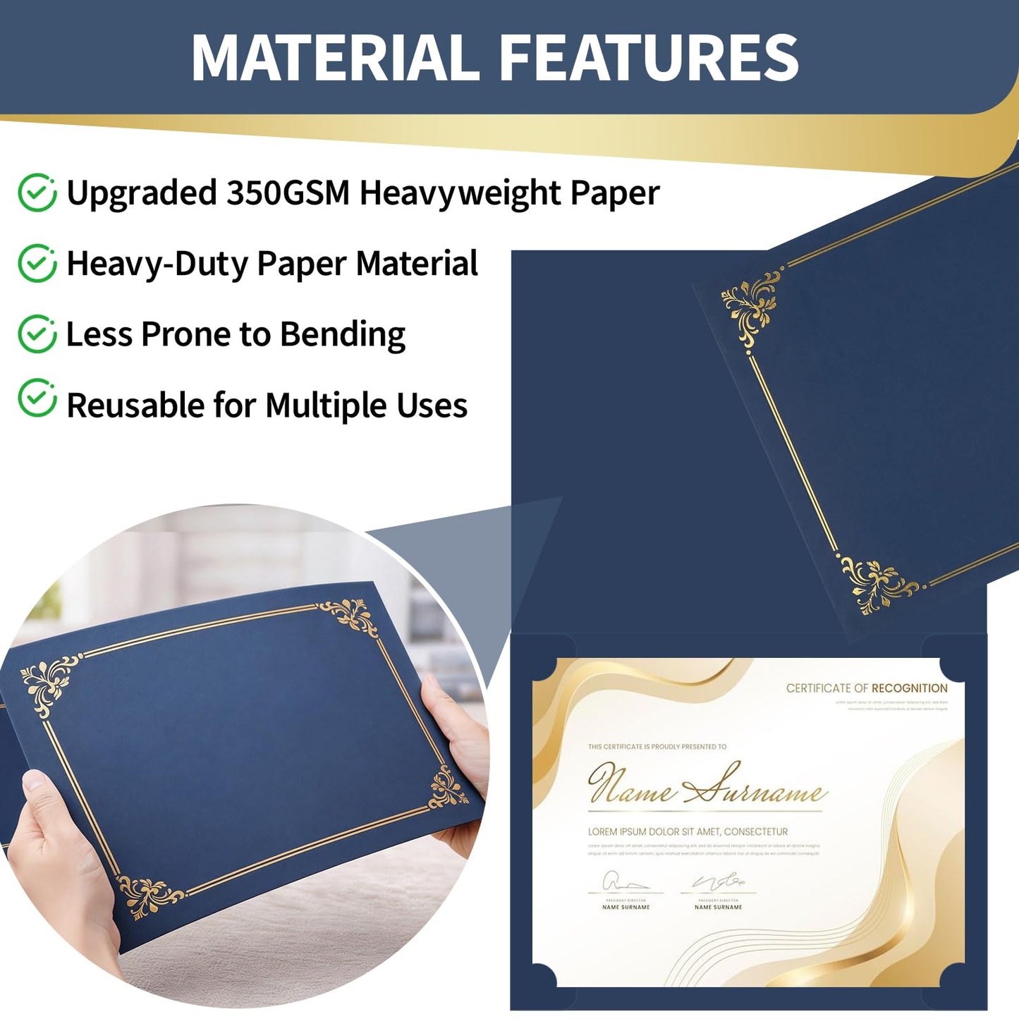 Binditek 50 Pack Certificate Holders, 350GSM Navy Blue Certificate Covers with Gold Foil Border, Diploma Folders for 8.5 x 11 Certificates, Awards, Graduation, School and Office Use