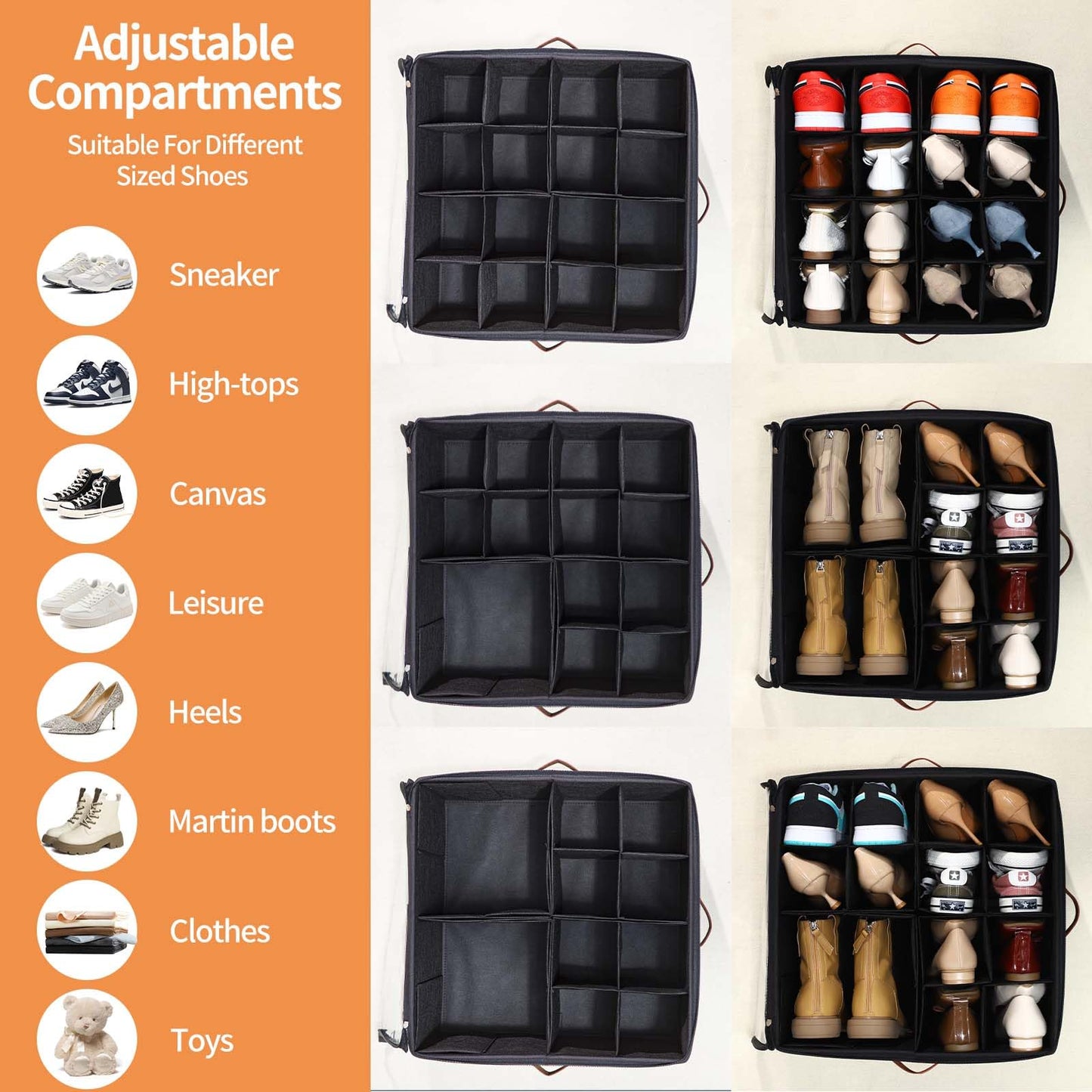 INSTY 2 Pack Shoe Organizer for Closet, Fits up to 32 Pairs, Adjustable Dividers for Shoe Storage, Space-Saving Shoe Bins and Clear Top, Black