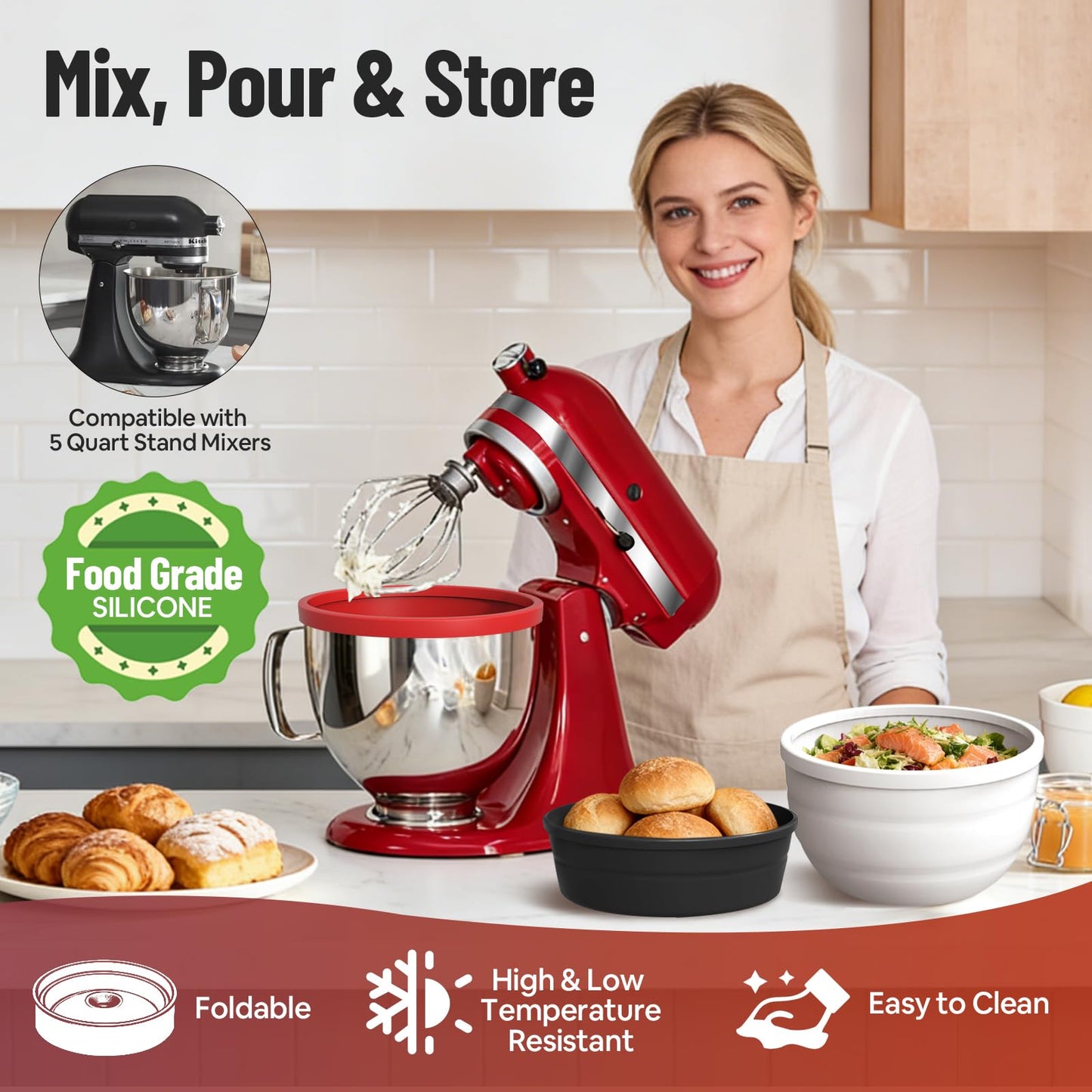 3-Pack Silicone Bowl Liners & Lids for KitchenAid Tilt-Head 5 Qt Stand Mixers Dishwasher Safe, Heat & Cold Resistant, Mixing Bowl Insert Accessories