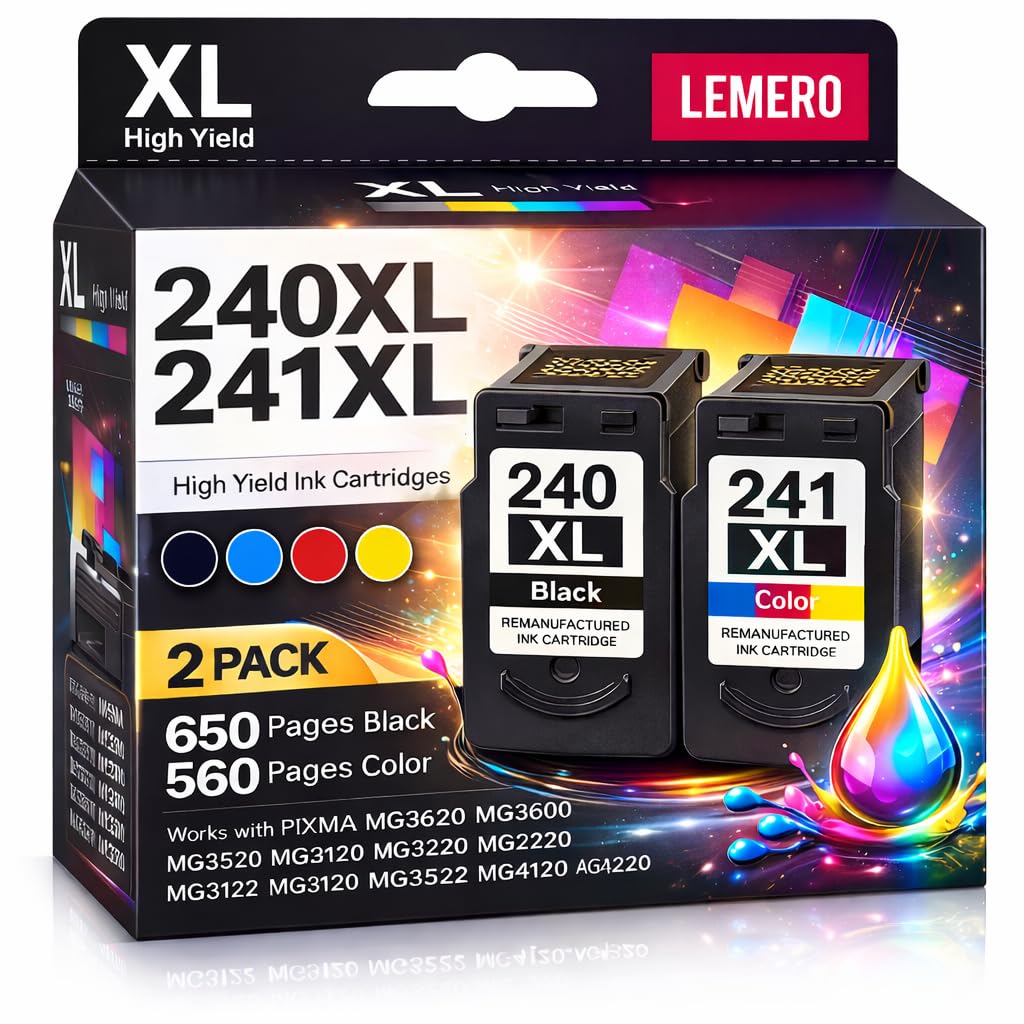 LEMERO PG-240xl CL-241xl Combo Pack Remanufactured Ink Cartridges Replacement for Canon Printer Ink 240 241 for PIXMA MG3600 MG3620 Printer for Canon Ink 240XL Black 241XL Color, 2-Pack