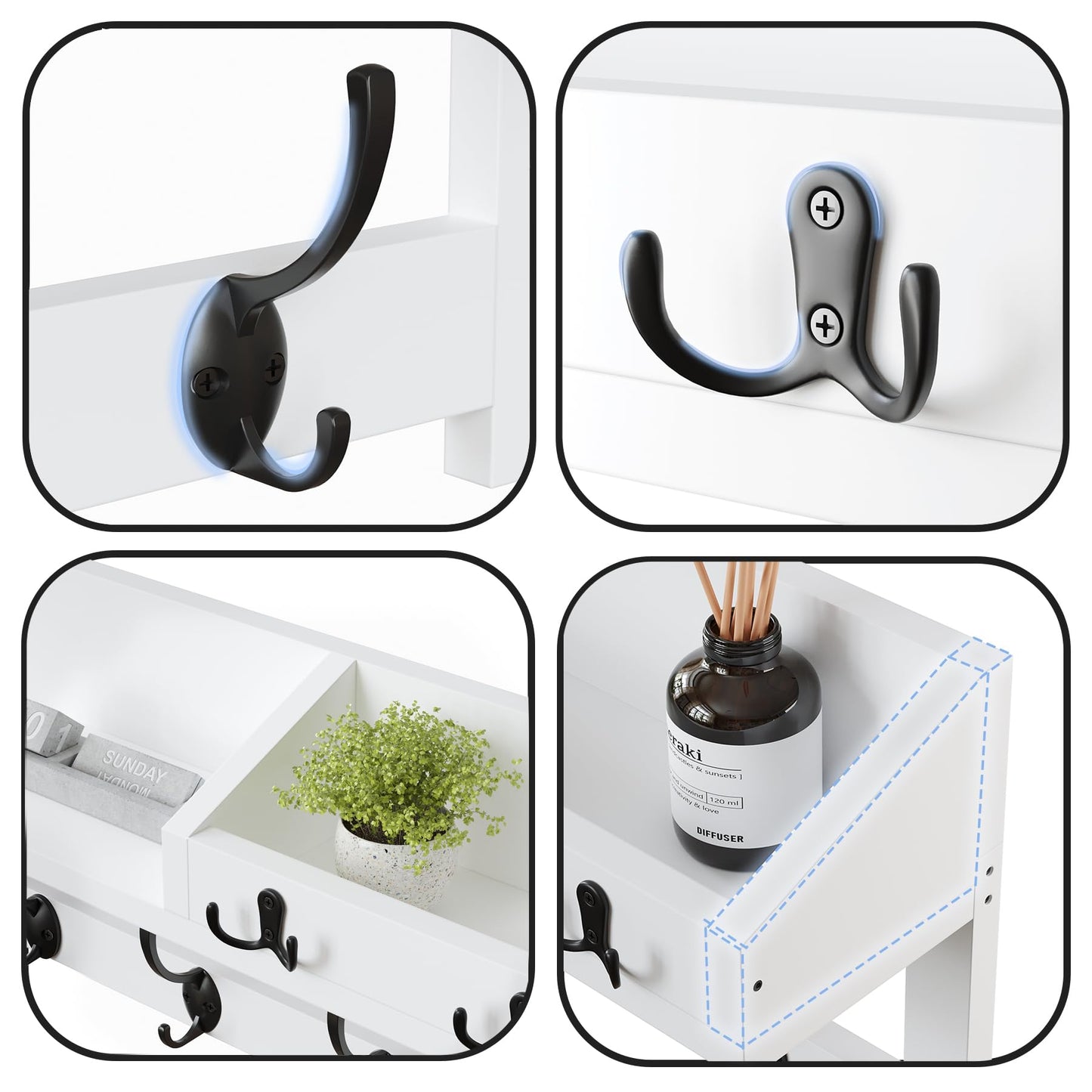 AMBIRD Wall Hooks with Shelf, 26.57 Inch Entryway Wood Coat Hooks for Wall, Coat Rack Wall Mount with 5 Dual Hooks 3 Key Hooks Mail Organizer and Key Rack Holder (White)