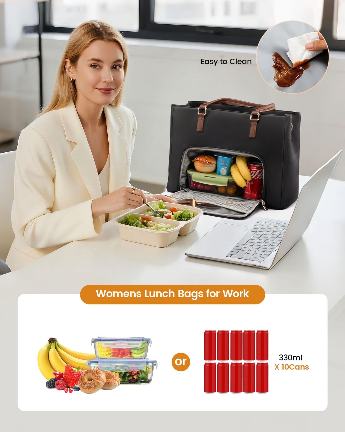 LOVEVOOK Lunch Bag for Women, Leather Work Laptop Tote Bag with Insulated Lunch Compartment&Cup Holder, 15.6 Inch 2 in 1 Lunch Tote for Business, Teacher, Nurse, Office, College, Casual