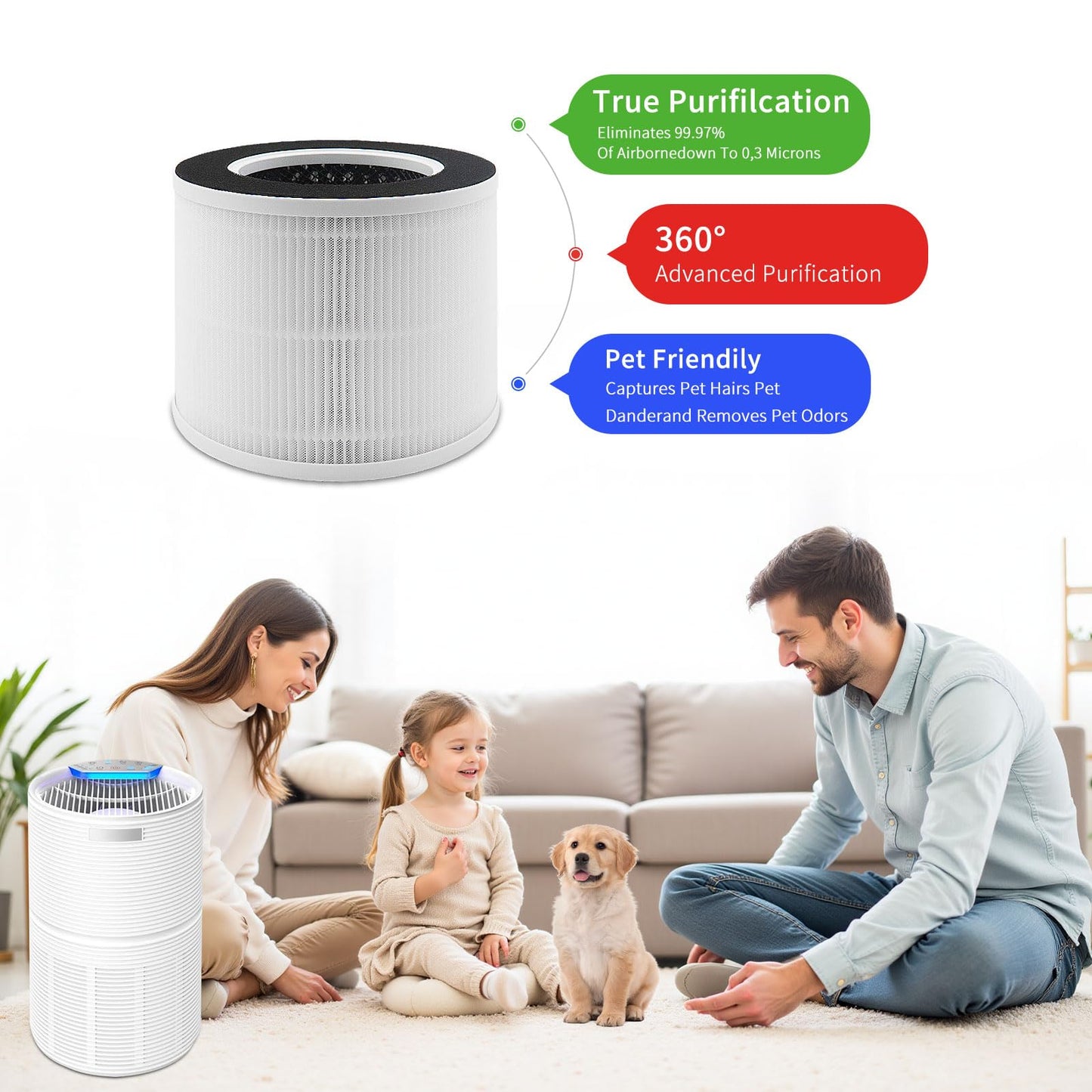 2 Pack True Air Purifier Filter Replacement for RENPHO RP-AP088, Compatible with RP-AP088W RP-AP088B RP-AP088-F1 and RP-AP088-F2, Activated Carbon Filter, White