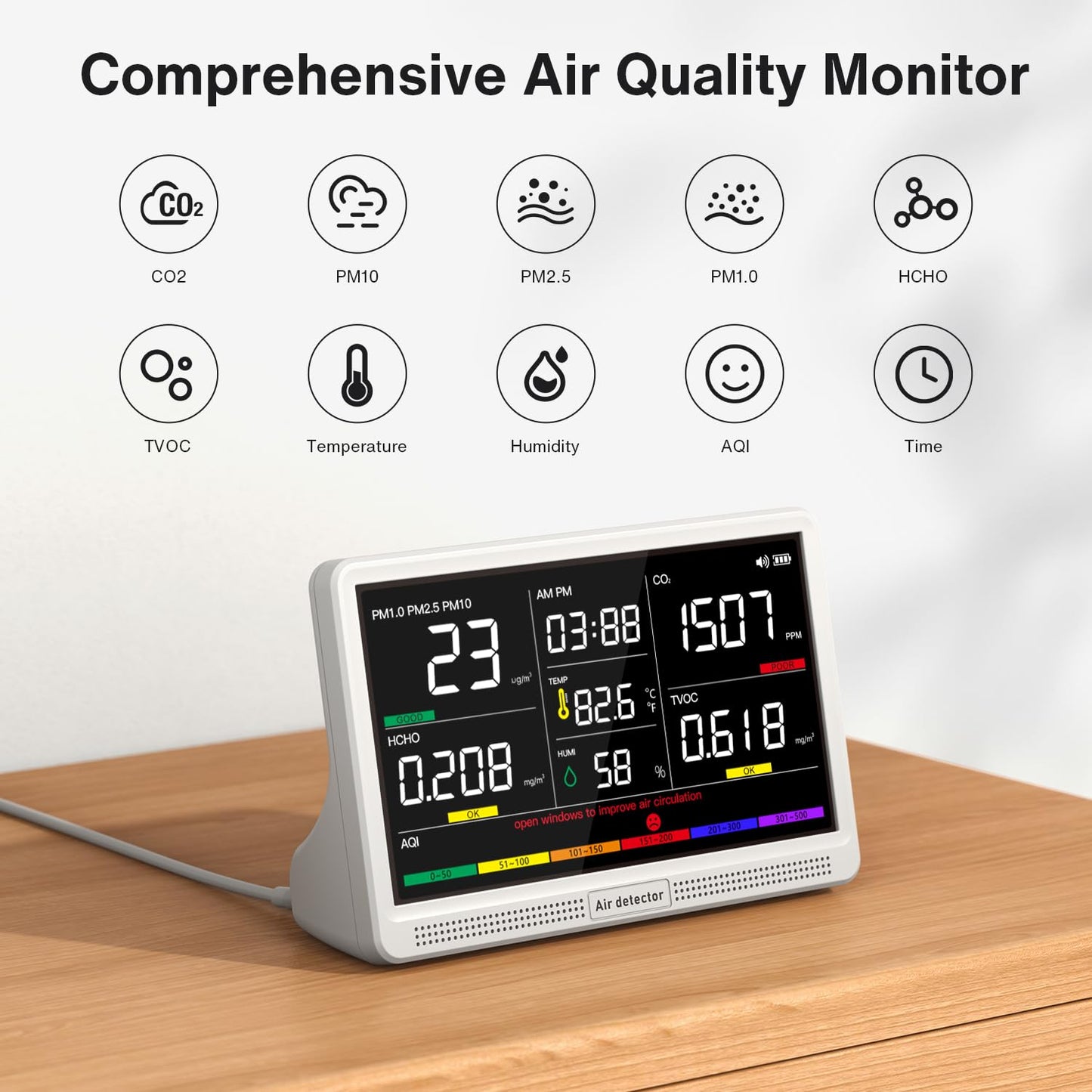 16 in 1 Air Quality Monitor Indoor 7" Display 9 AQI+7 AQI Alerts Air Quality Meter for CO2, TVOC, PM2.5 PM1.0 PM10, HCHO, Temperature Humidity AQI & Time, Air Detector Air Quality Tester for Home