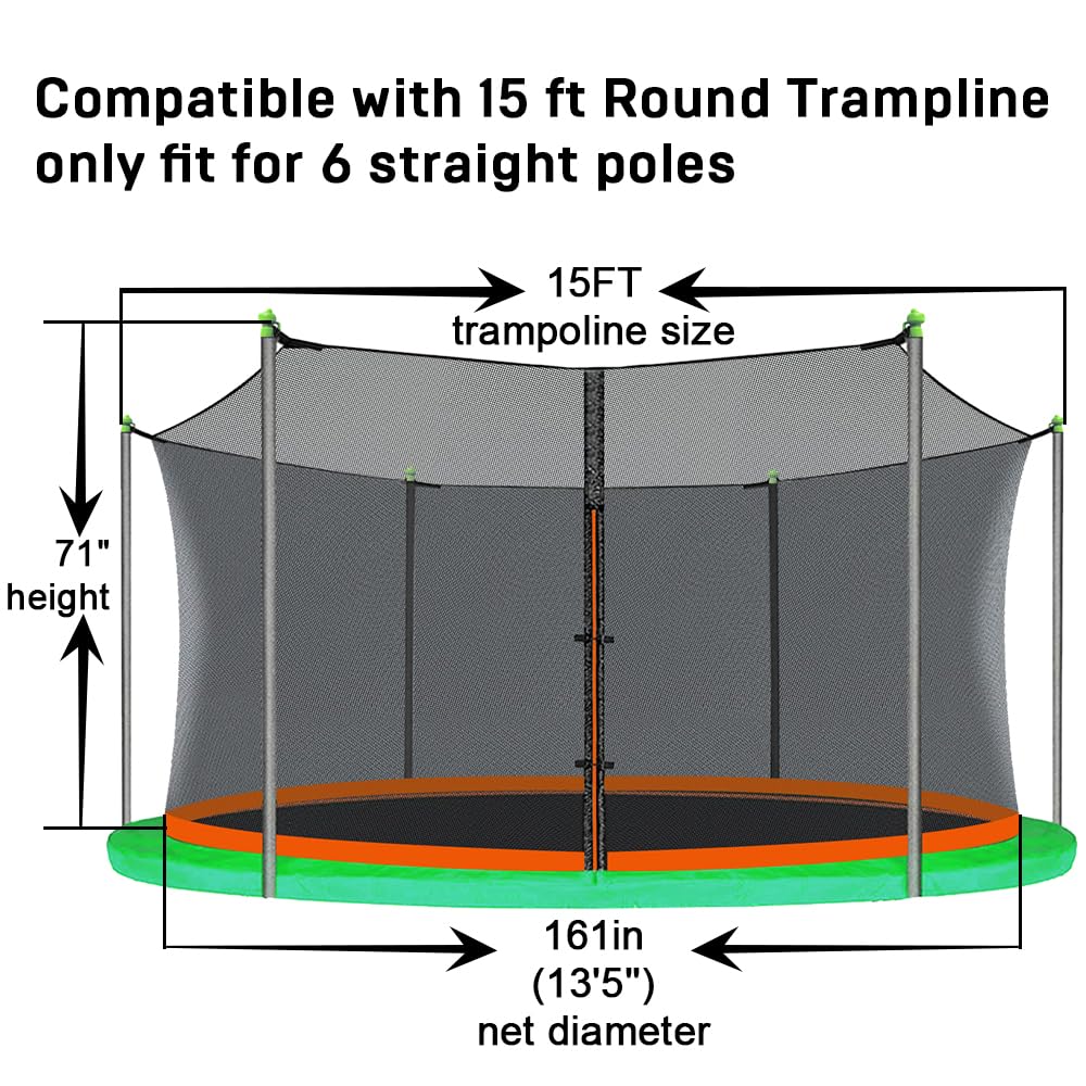 15Ft Trampoline Net Replacement with 6 Caps, Trampoline Net Fit for 15Ft Round-6 Straight Poles(Not Include Poles)