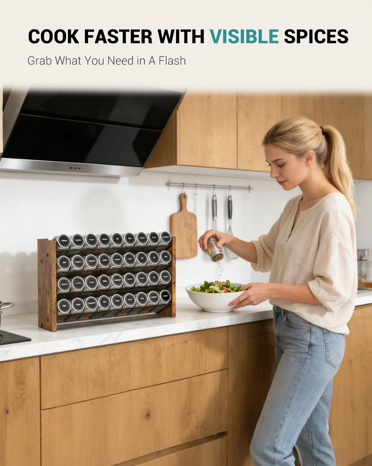 NESAPTO Spice Rack Organizer for Cabinet, Wood 4-Tier Vertical Seasoning Organizer, Wall Mount or Countertop Spice Shelf, Holds 36 Jars (No Jars Included), 17.2" W x 9.4" H