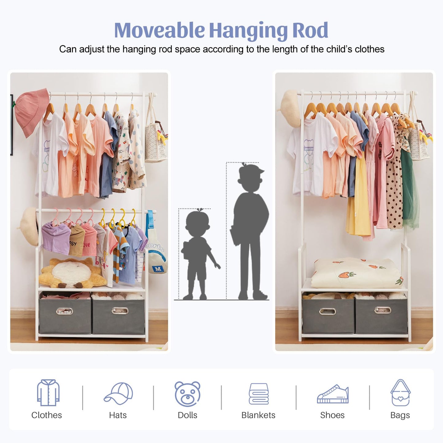 Vilaxing Kids Clothing Rack Bamboo with 2 Storage Baskets and 2 Adjustable Hanging Rods,Child Garment Holder with Shelf, Dress up Stand for Playroom,Toddlers Bedroom (White)