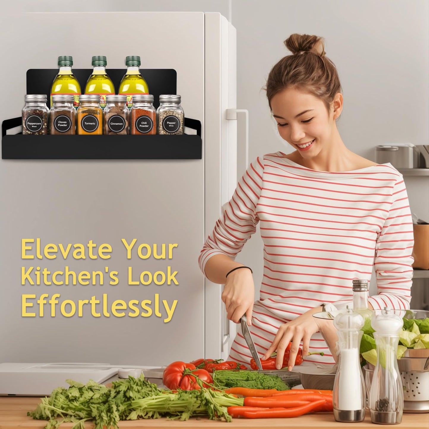 Ezemtos 2-Pack Magnetic Spice Rack for Refrigerator - Heavy-Duty 20LB Capacity - Strong Magnetic Shelves for Classroom Whiteboards and Garage Tools, Kitchen Organizer for Utensils, Black