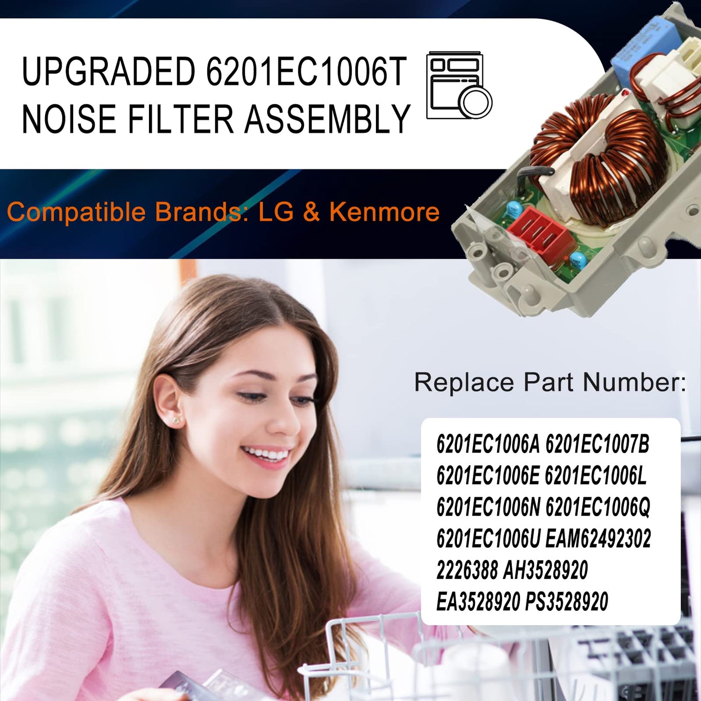 Upgraded 6201EC1006T Noise Filter Assembly Compatible with LG & Kenmore Washing Machine Dishwasher, Replace Part Numbers 6201EC1006L 2226388 6201EC1006A 6201EC1006E 6201EC1006Q 2-Year Warranty