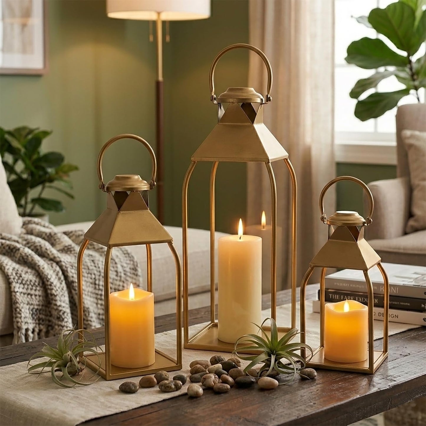 Decorative Metal Lanterns Indoor Outdoor, Candle Holder for Porch, Patio, Fireplace, Floor, Wedding, Christmas, Fall, Holiday, Farmhouse Table Centerpiece (Antique Gold, Set of 3 20" 15.7" 12")