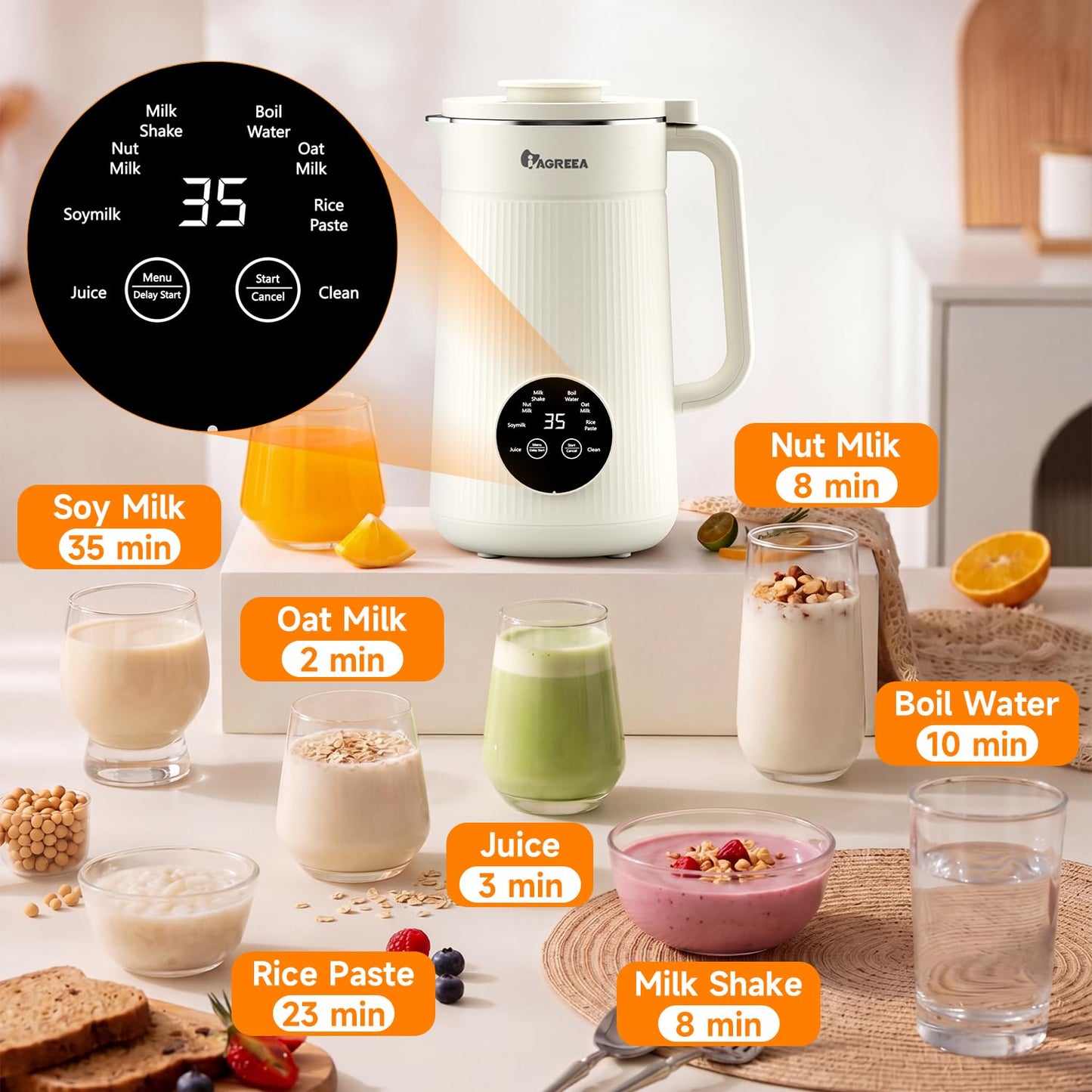 8-IN-1 IAGREEA Nut Milk Maker Machine, 35 oz Soy Milk Maker, Oat, Soy, Plant Based and Dairy Free Beverages, Juice, 2H Keep Warm Countertop Blender, 10 Blades, 12H Delay Start, BPA-Free, Self-Cleaning