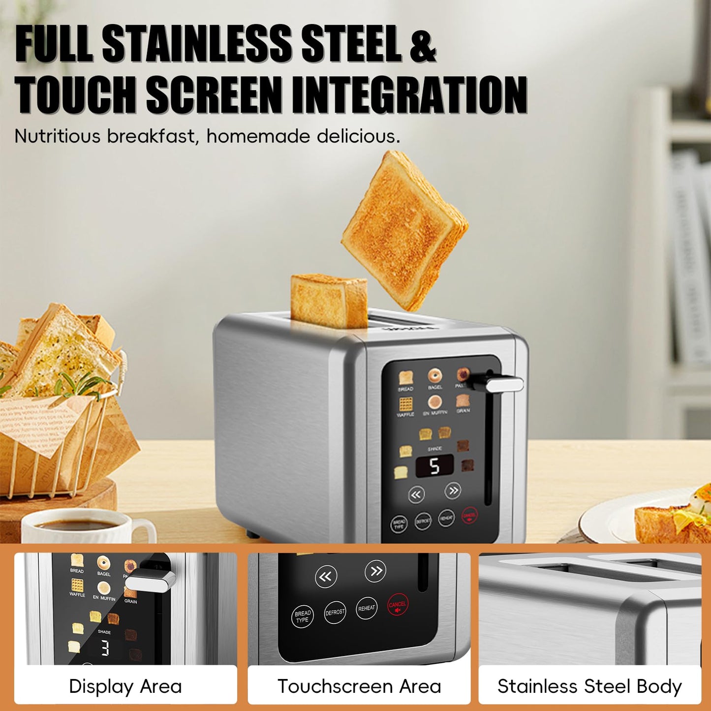 WHALL Touch Screen Toaster 2 Slice,Smart Digital Toaster with 1.5" Wide Slots,6 Shade Settings & 6 Bread Types,Memory Function,Countdown Timer,Brushed Stainless,Ideal Kitchen Gift & Essential